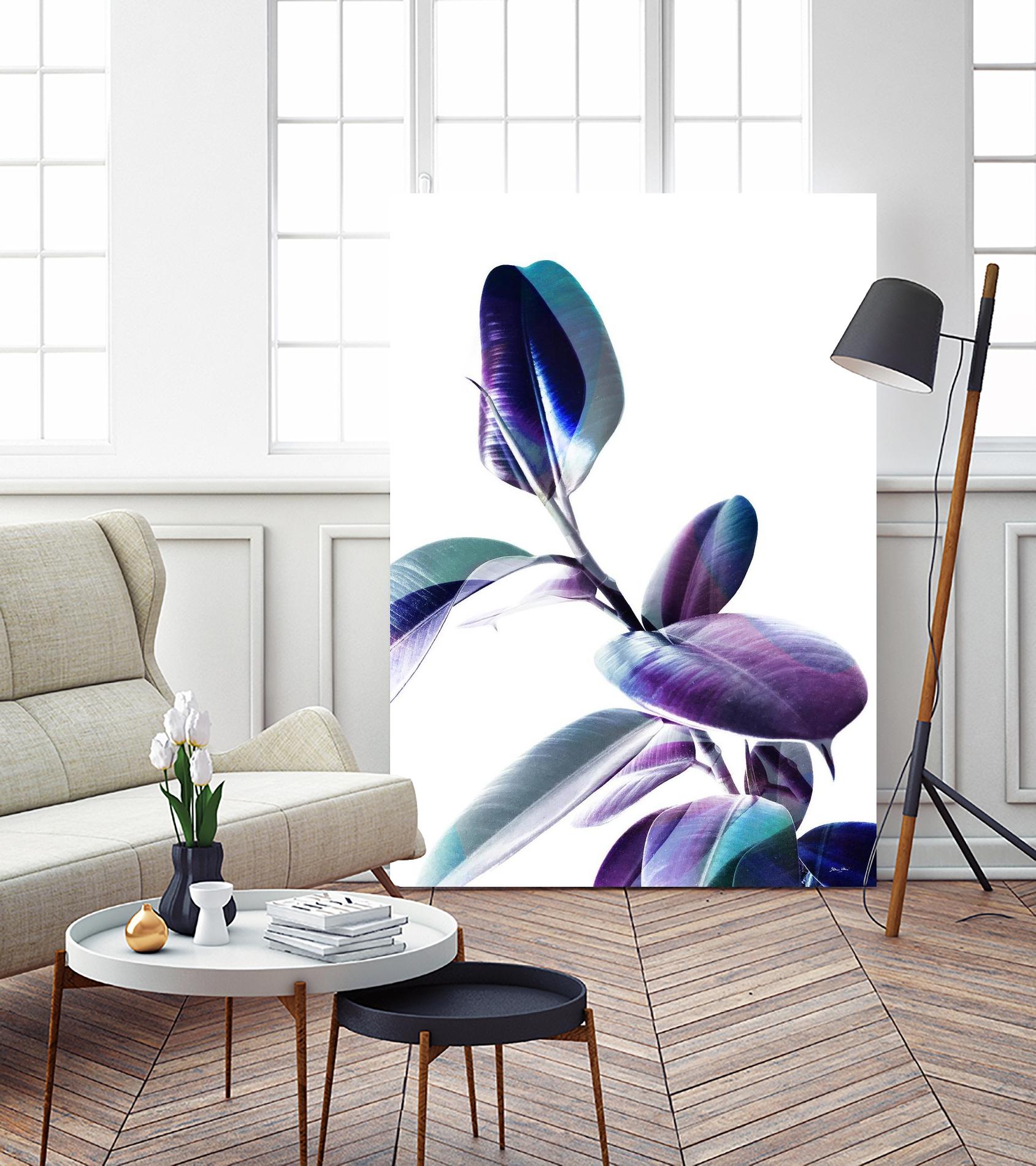 Minimal Rubber foliage in Blue and Purple on White by Dominique Vari on GIANT ART