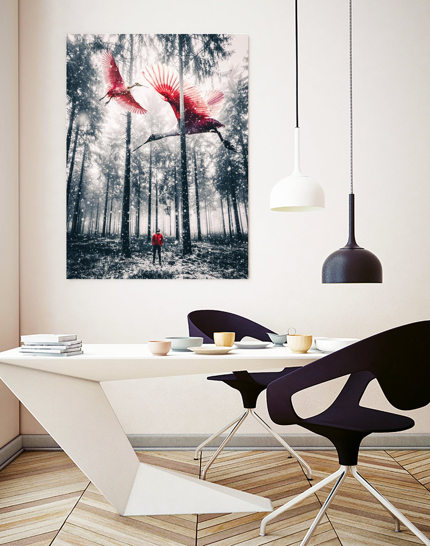 Red birds in winter by GEN Z by Rigaud Mickaël on GIANT ART - gray photo illustration