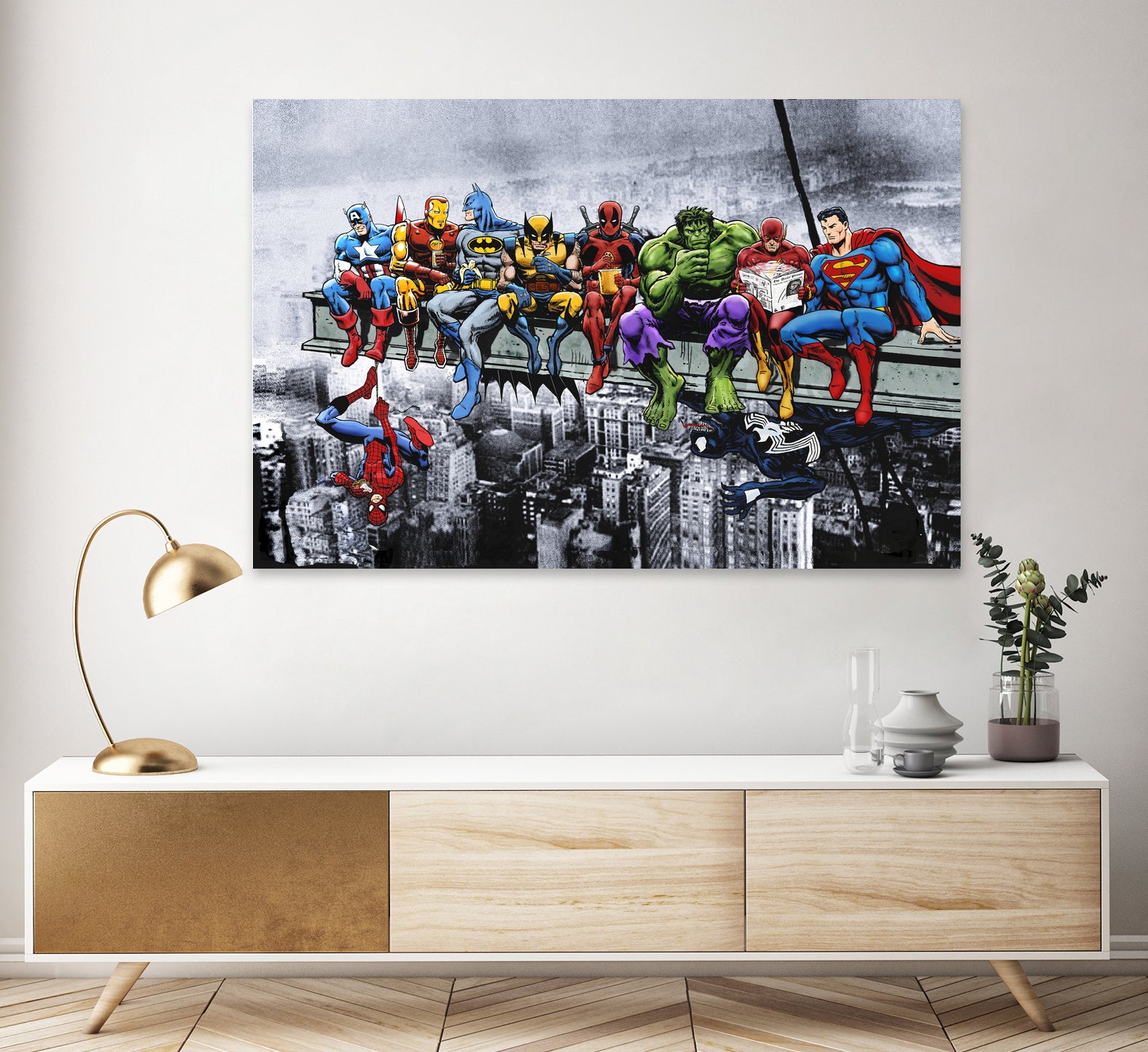 Marvel and DC Superheroes Lunch Atop A Skyscraper by Dan Avenell on GIANT ART - red digital painting