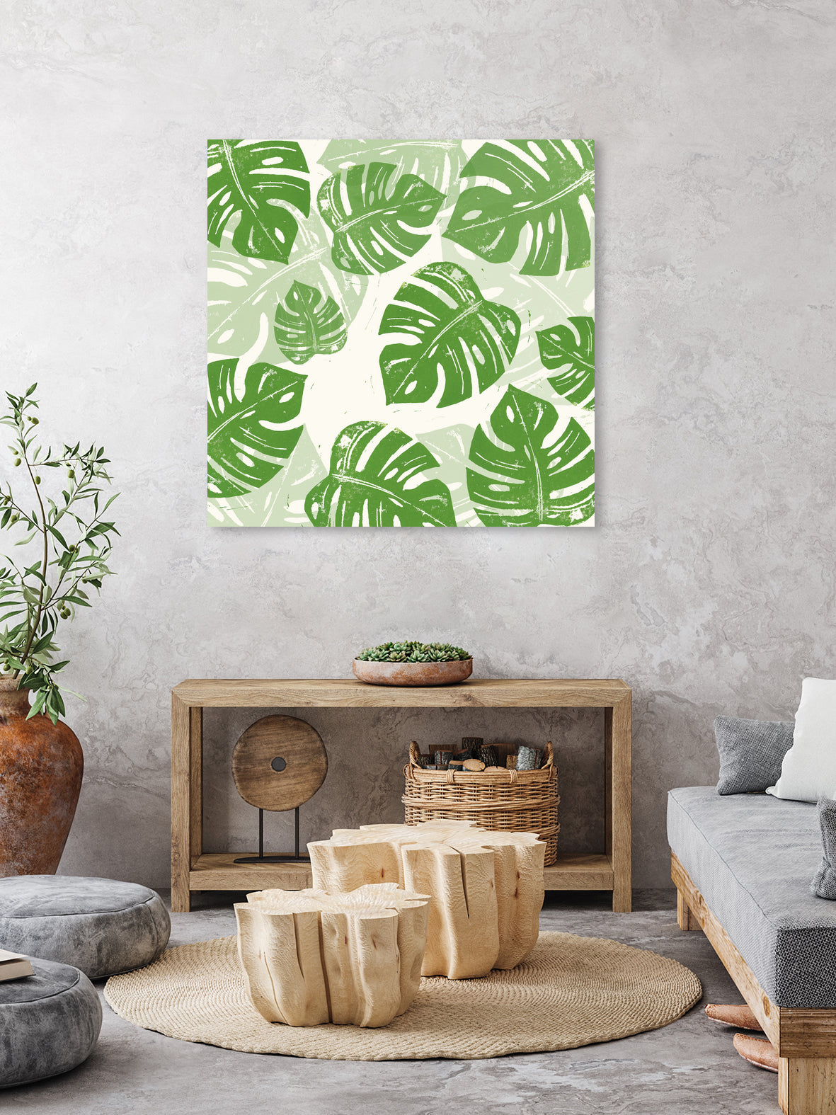 Linocut Monstera Pattern by Bianca Green on GIANT ART - green mixed media