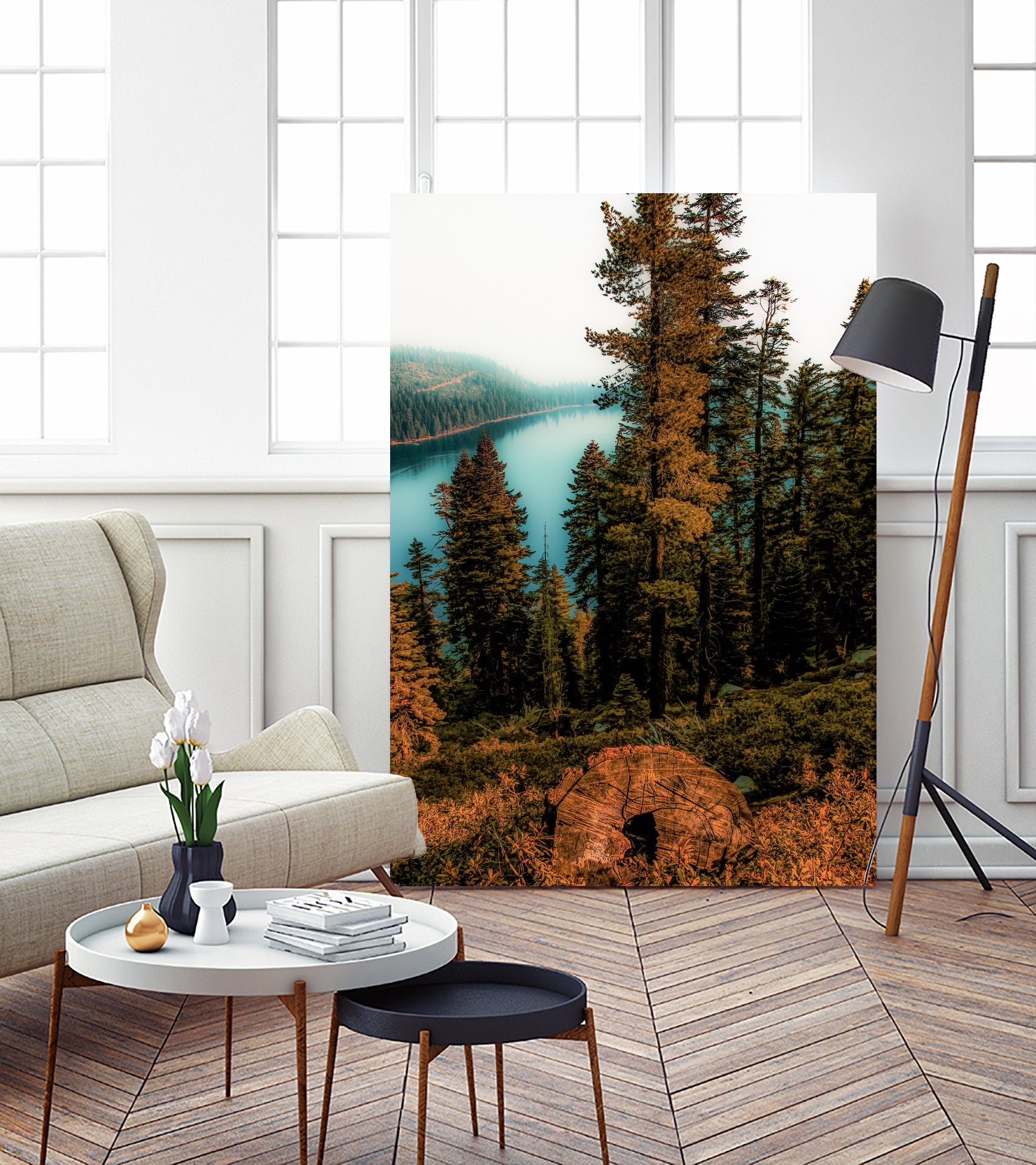 Pine tree with lake scenic at Emerald Bay Lake Tahoe by sutee monchitnukul on GIANT ART - orange photo manipulation