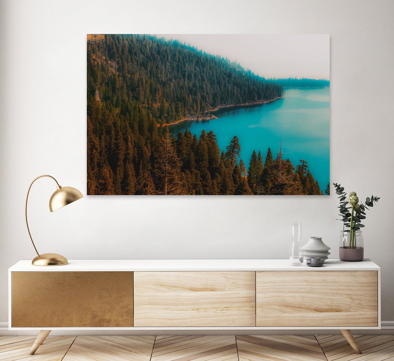 Pine tree and lake view at Emerald Bay Lake Tahoe California by sutee monchitnukul on GIANT ART - blue photo manipulation