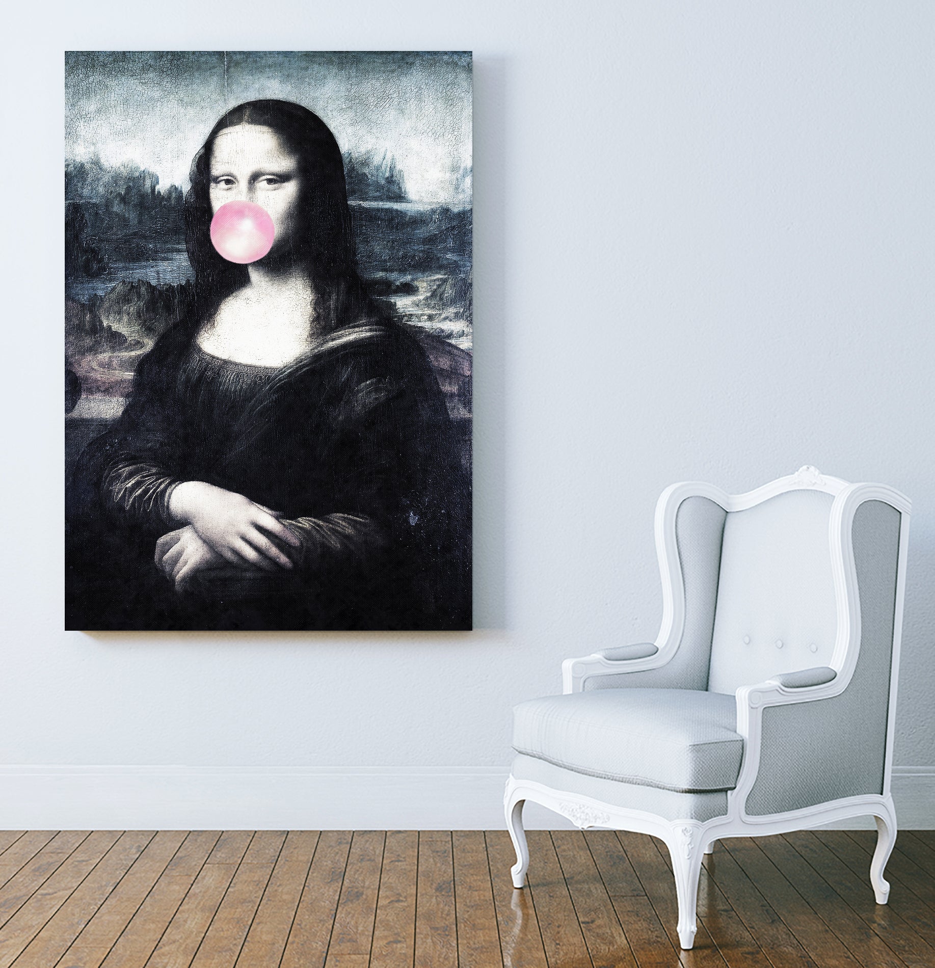 Mona Lisa blowing bubblegum bubbles by Menelaos Trompoukis on GIANT ART - blue digital painting