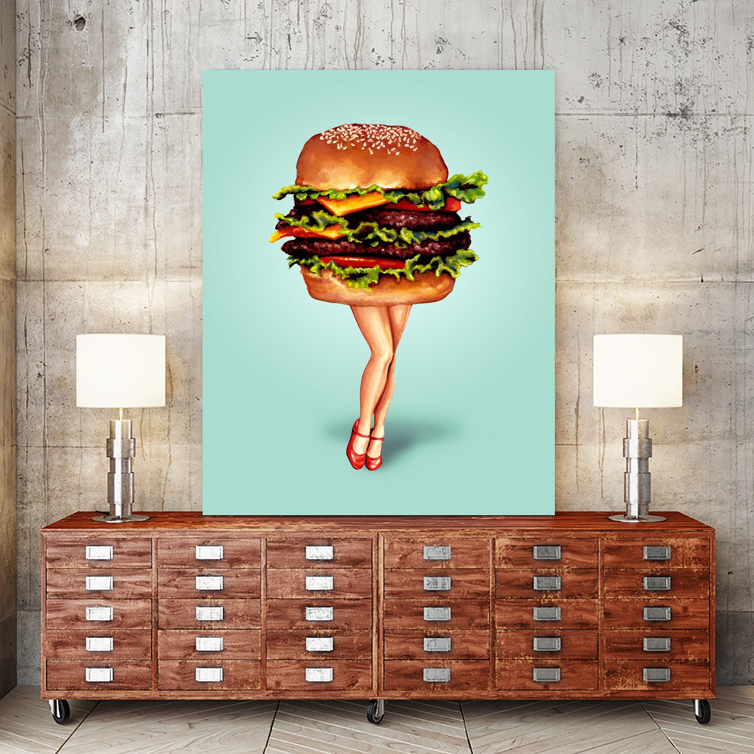 Cheeseburger Girl by Kelly Gilleran on GIANT ART - blue mixed media