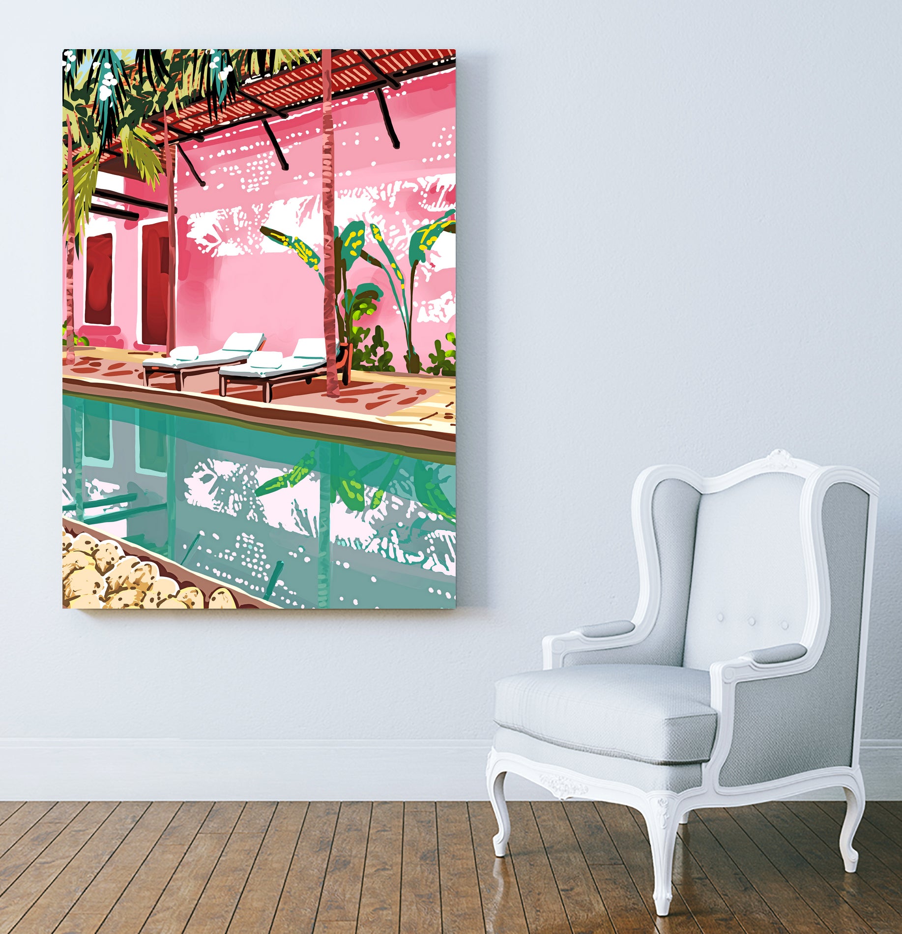 Vacay Villa | Blush Pink Summer Architecture | Tropical by Uma Gokhale on GIANT ART - pink digital painting