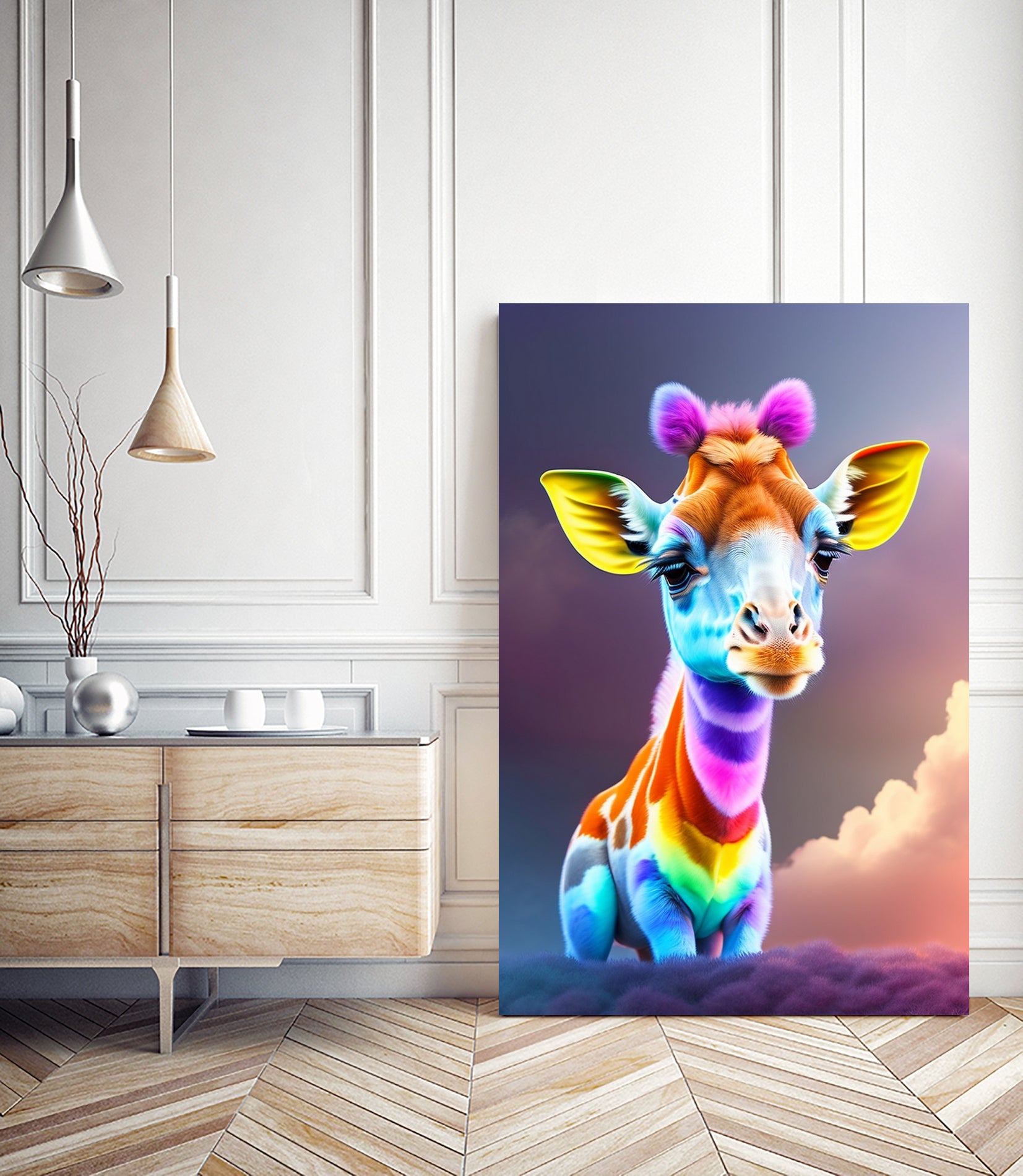 Cute baby giraffe colorful art with rainbow colors by ALMA Studio on GIANT ART - fuchsia digital painting