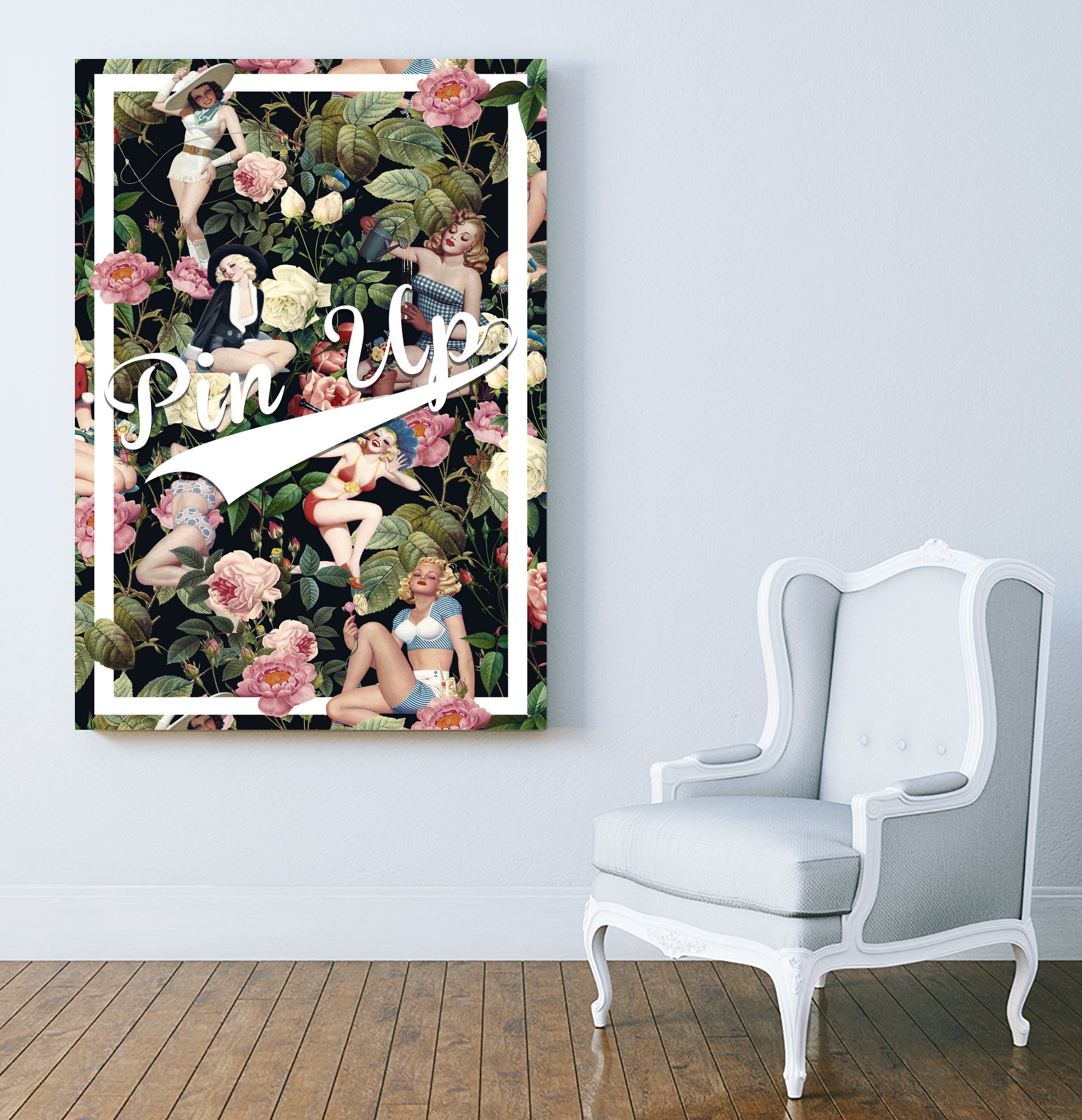 Floral and Pin Up Girls Pattern by burcu korkmazyurek on GIANT ART - black digital painting