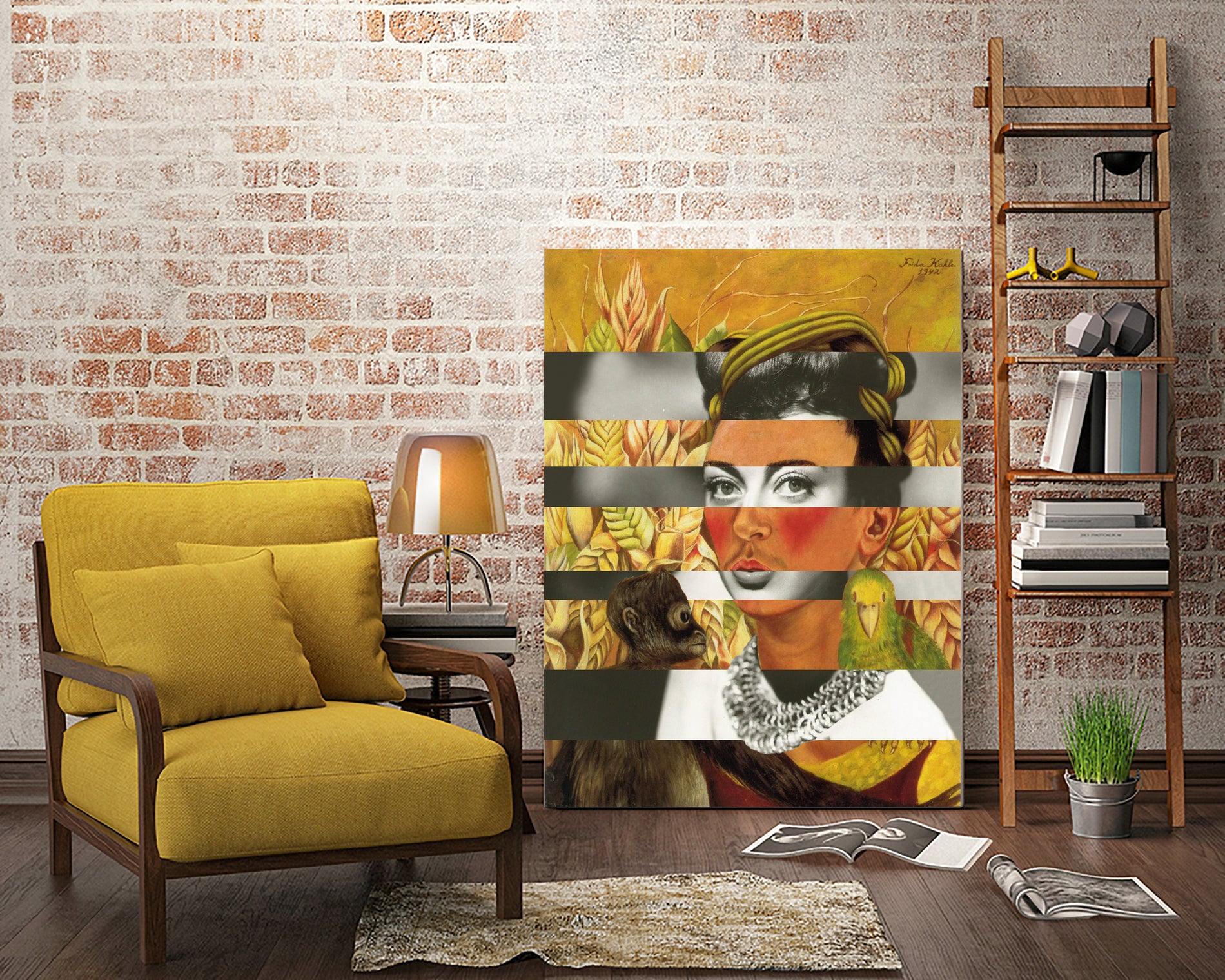 Frida Kahlo's Self Portrait with Parrot & Joan Crawford by Luigi Tarini on GIANT ART - yellow photo manipulation
