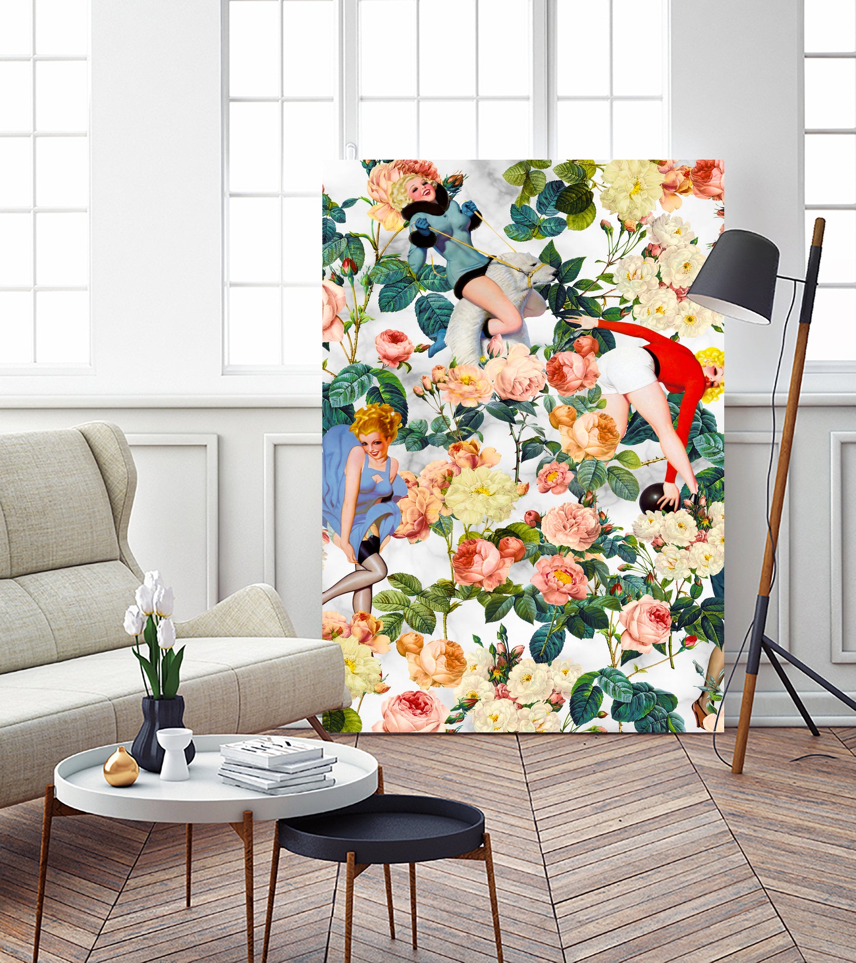 Floral and Pin Up Girls II Pattern by burcu korkmazyurek on GIANT ART - white digital painting