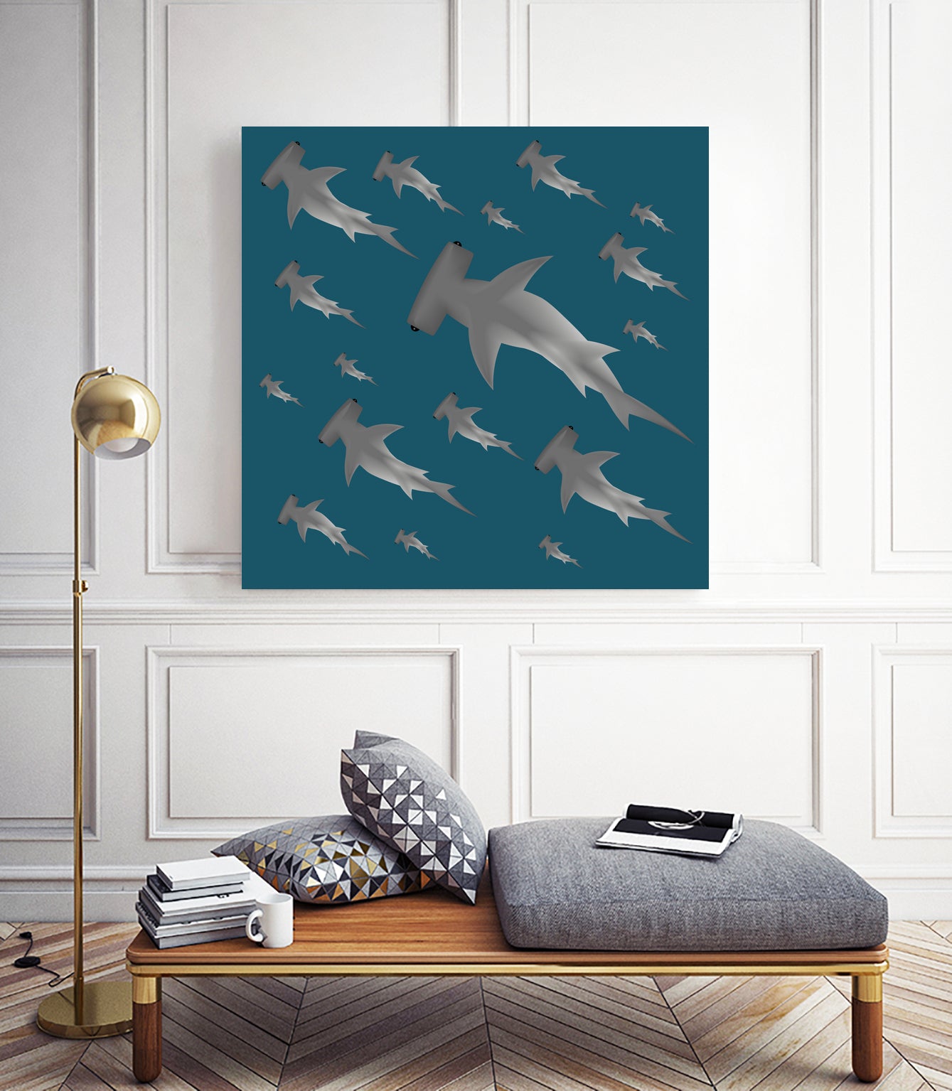 School of hammerhead sharks by Rodrigo Esparza-Salas on GIANT ART - blue digital drawing