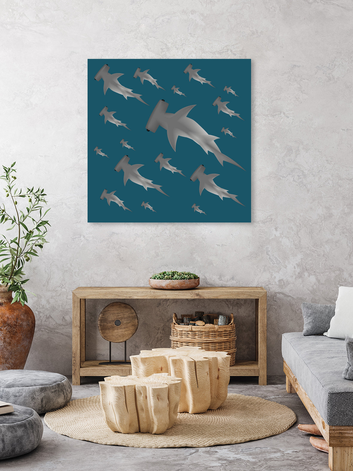 School of hammerhead sharks by Rodrigo Esparza-Salas on GIANT ART - blue digital drawing