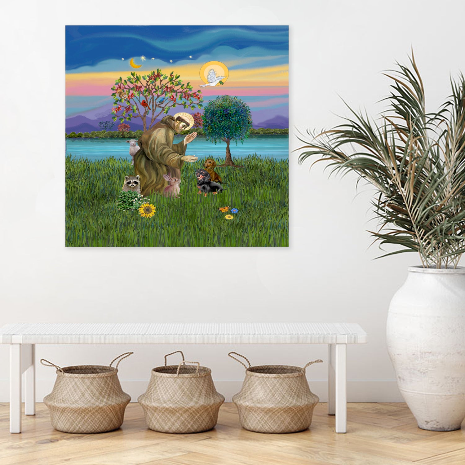 Saint Francis Blesses Two Dachshunds by Jean Fitzgerald on GIANT ART - blue digital painting