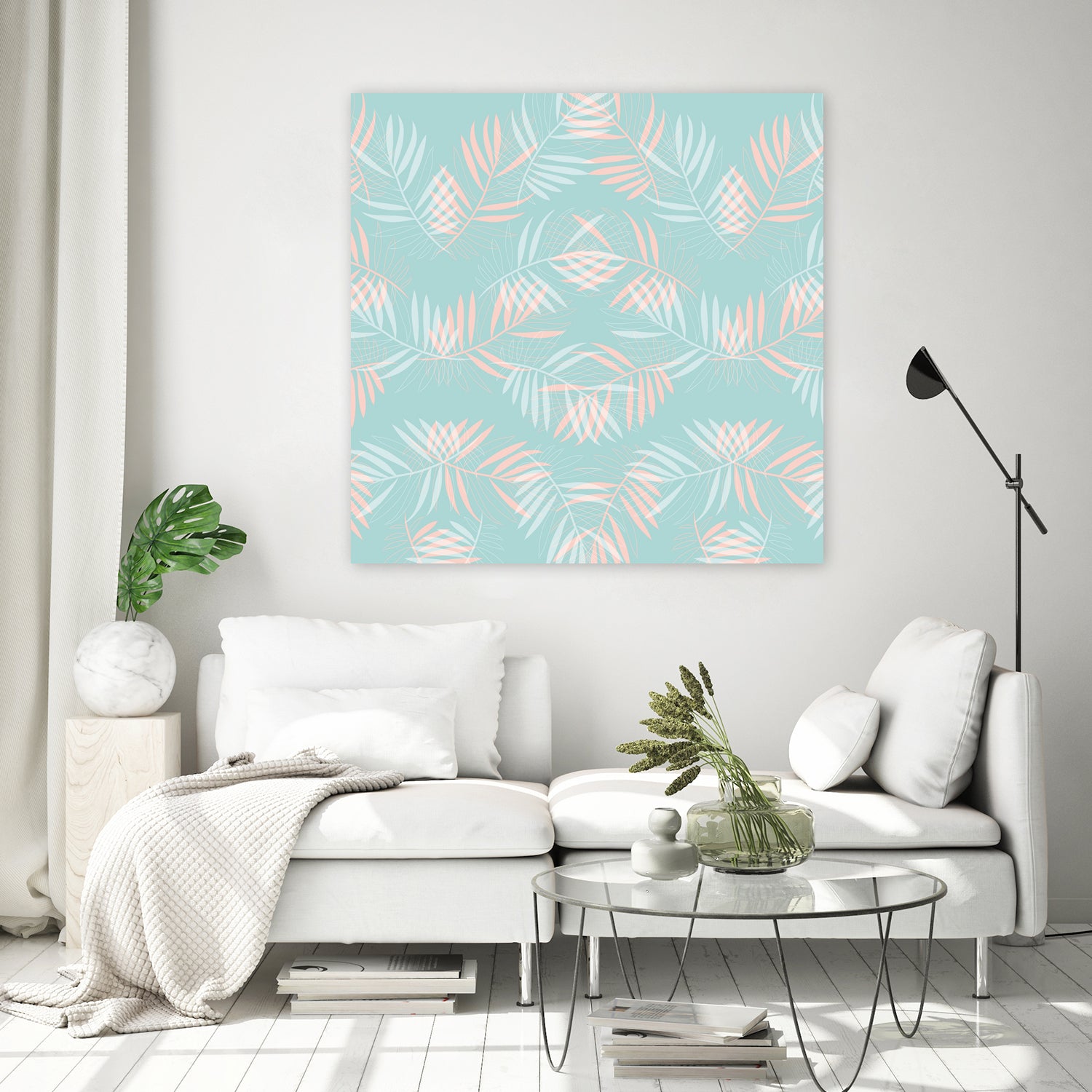 Palm Leaves Lace Pattern on Aqua by Dominique Van Roey on GIANT ART - green digital drawing
