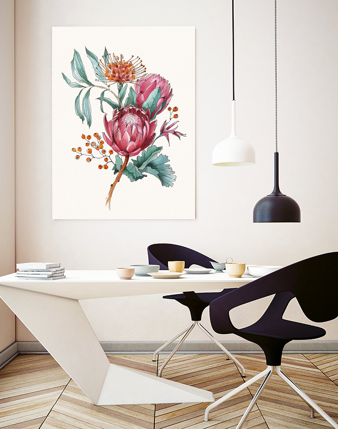 King protea flowers watercolor illustration by Two Lips on GIANT ART - pink digital drawing