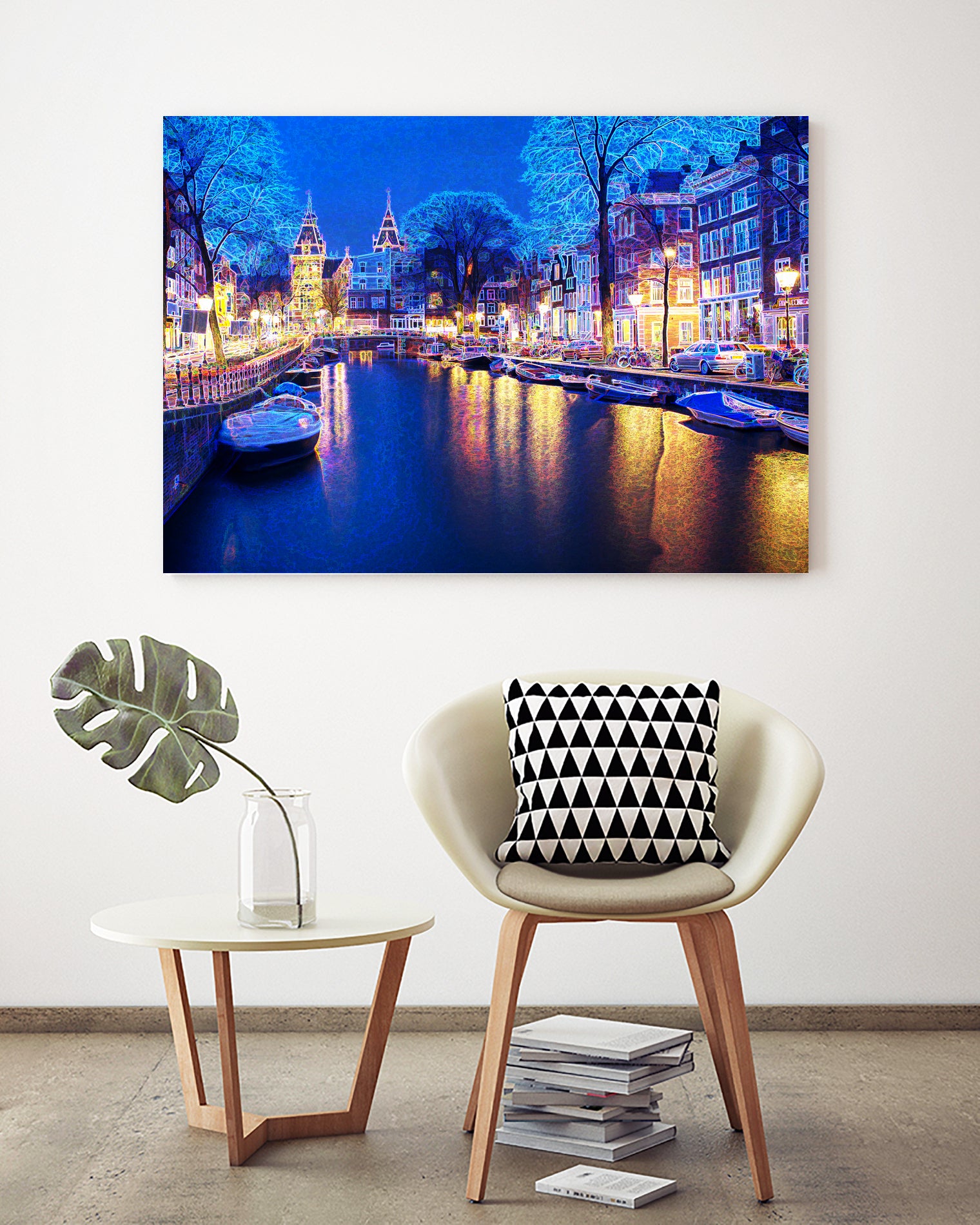 Winter Amsterdam Canal At Night With Boats by Michael Novik on GIANT ART - white photo illustration