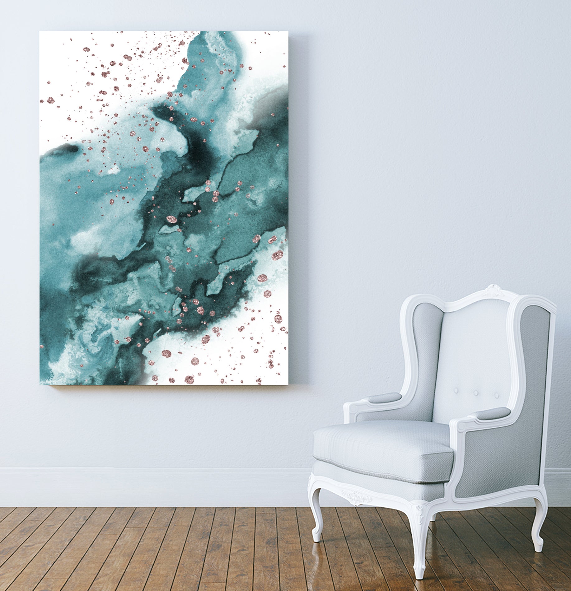 Watercolor meets Glitter - Turquoise Rose Gold - No 1 by Anastasia Sawall on GIANT ART - blue digital painting