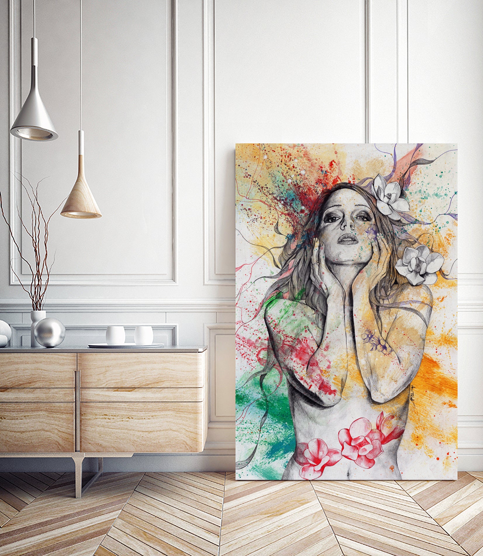 The Withering Spring I | nude tattoo woman portrait by Marco Paludet on GIANT ART - yellow mixed media