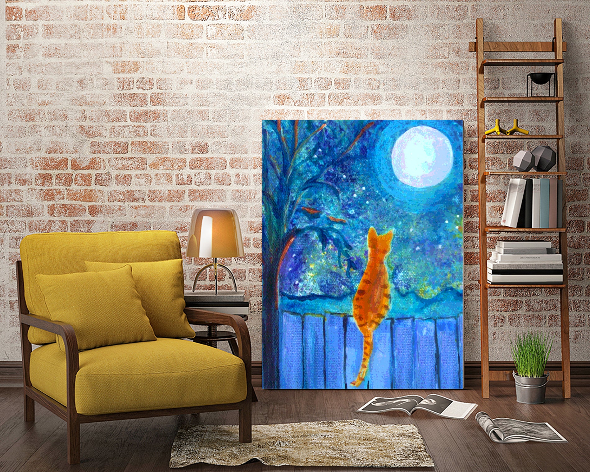 Cat on A Fence in the moonlight by Paintings by gretzky on GIANT ART - blue mixed media