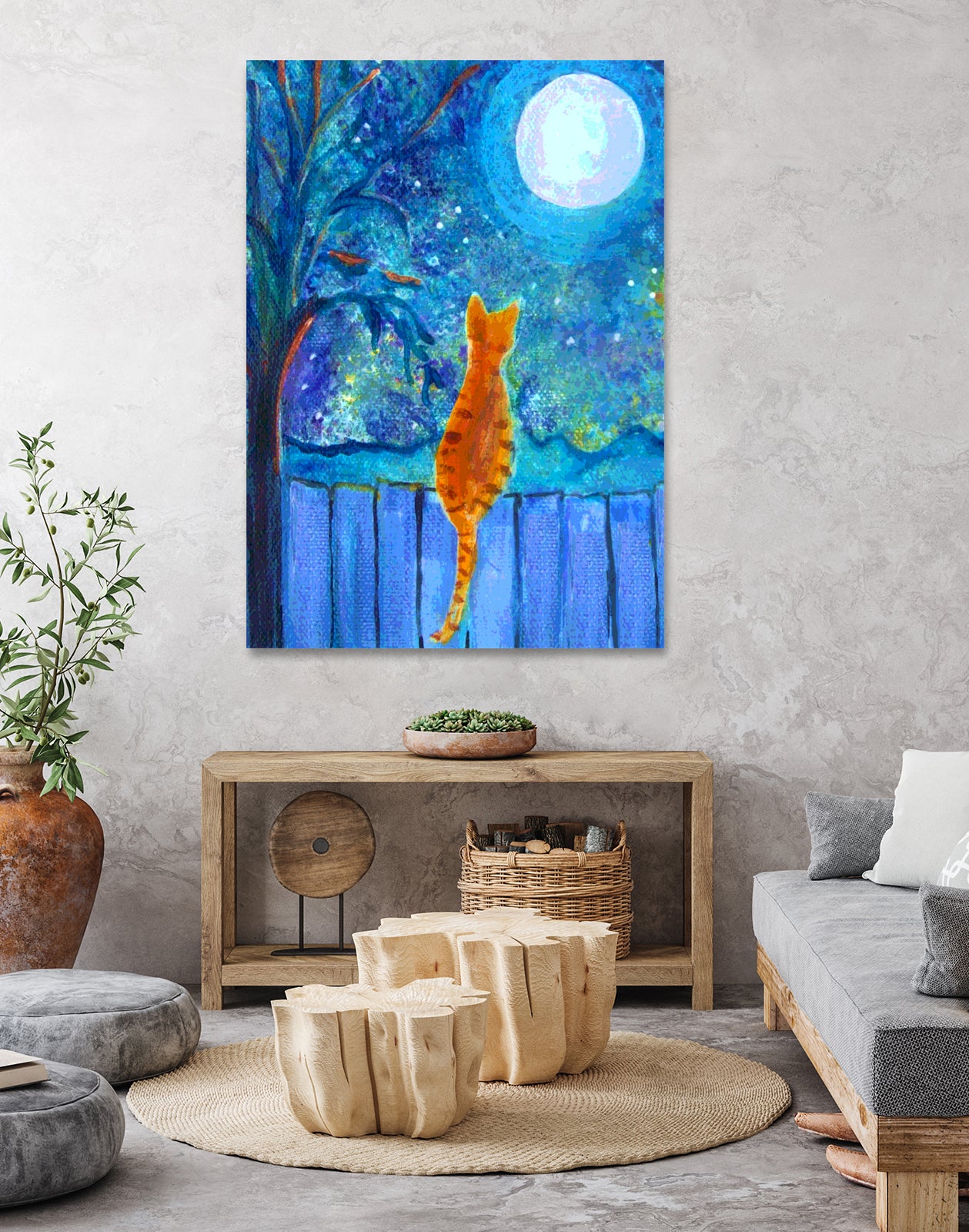 Cat on A Fence in the moonlight by Paintings by gretzky on GIANT ART - blue mixed media
