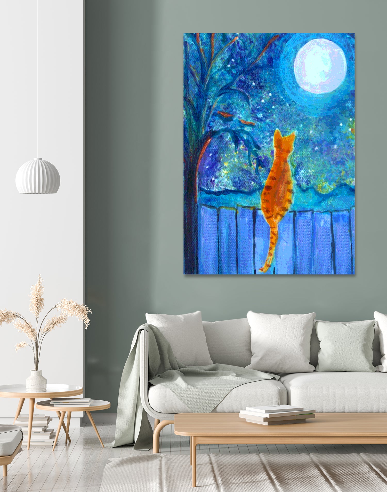 Cat on A Fence in the moonlight by Paintings by gretzky on GIANT ART - blue mixed media