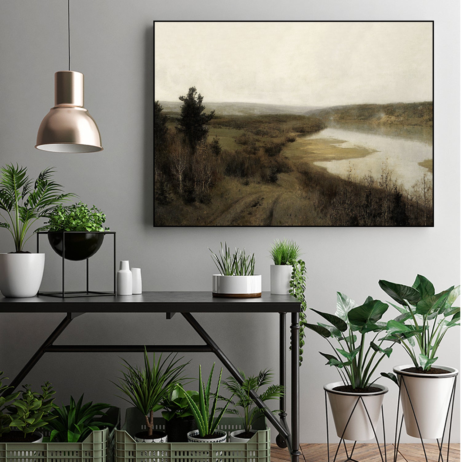 View On The Lake by M Studio on GIANT ART - green landscape framed canvas