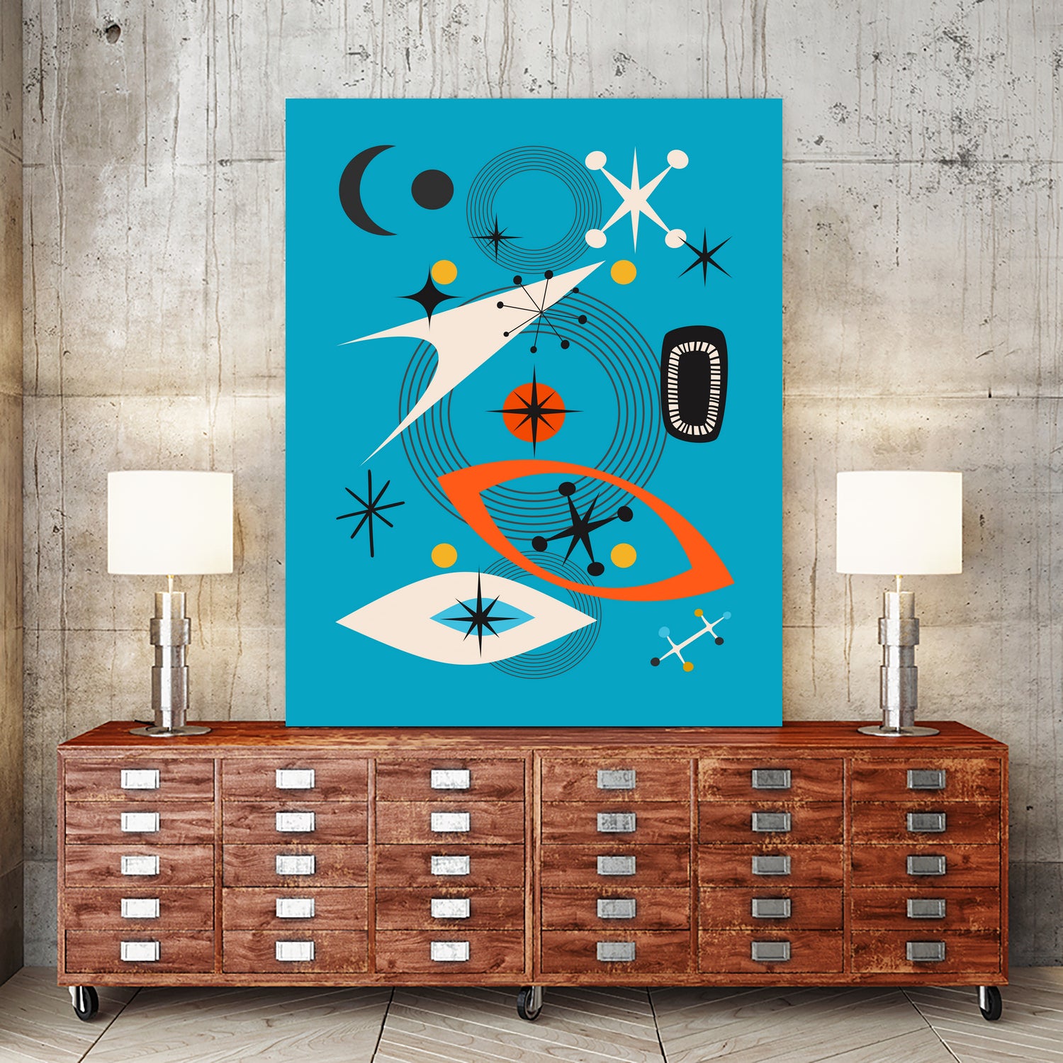 Mid Century In Retro Blue by Little on GIANT ART - illustration blue background