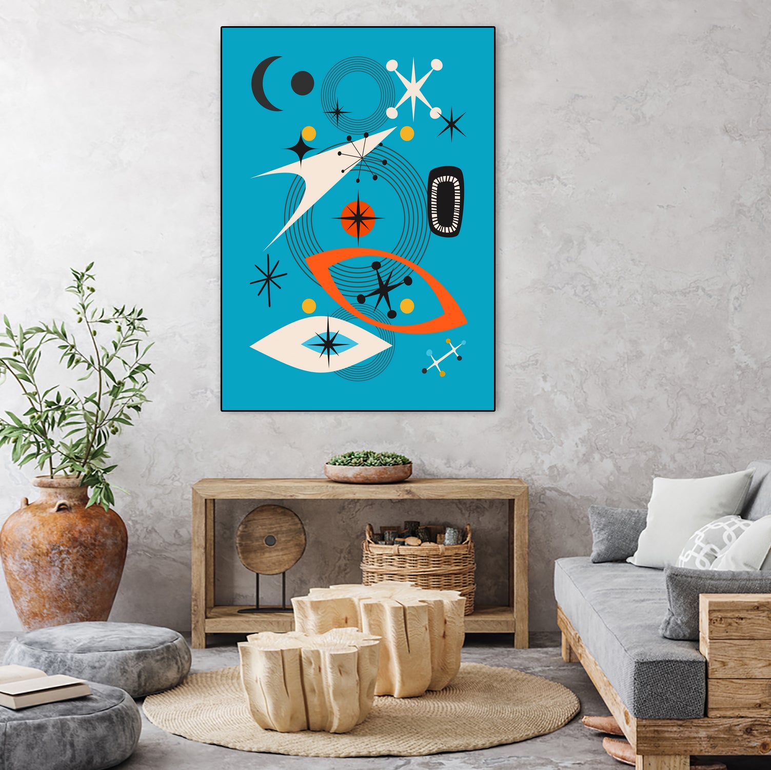 Mid Century In Retro Blue by Little on GIANT ART - illustration blue background