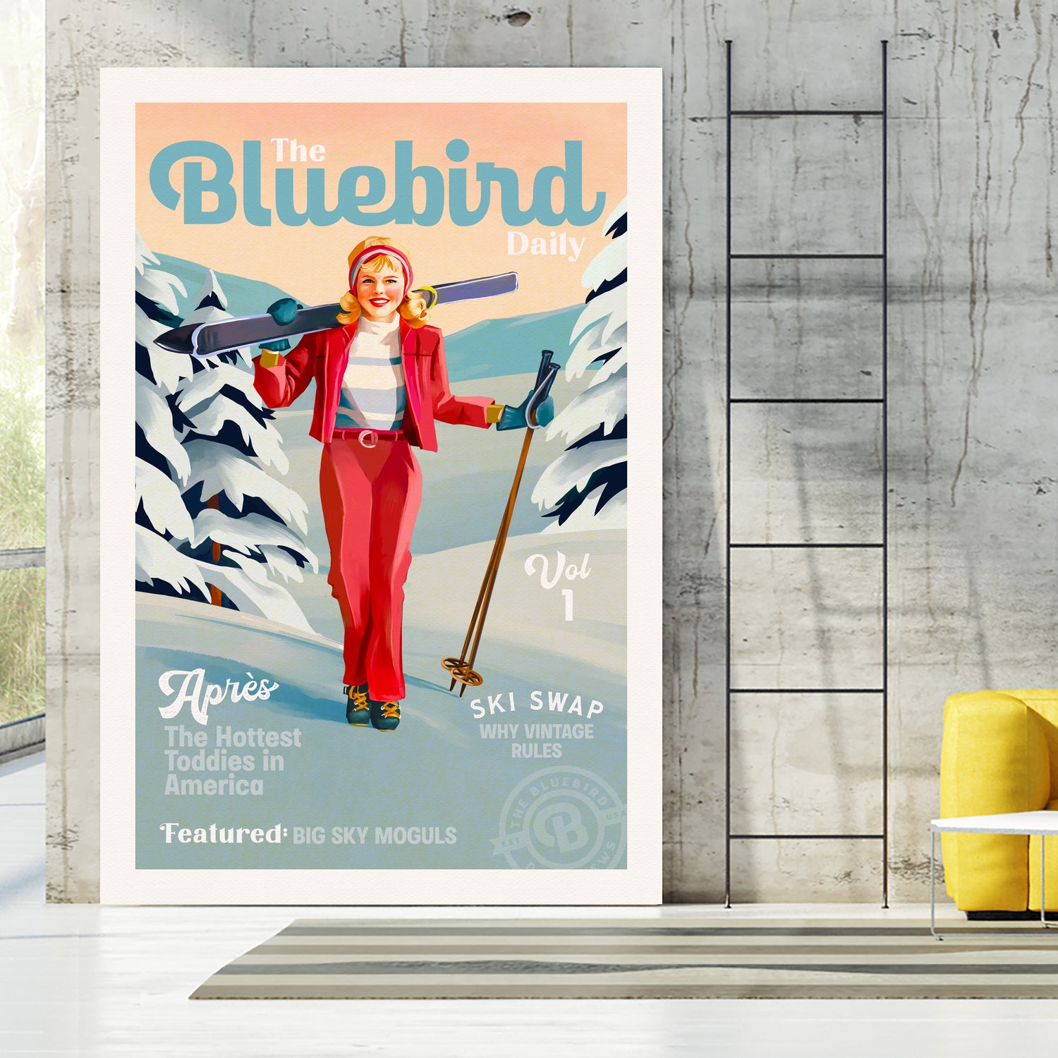 The Bluebird Daily Pinup Ski Art by The Whiskey Ginger on GIANT ART - figurative text
