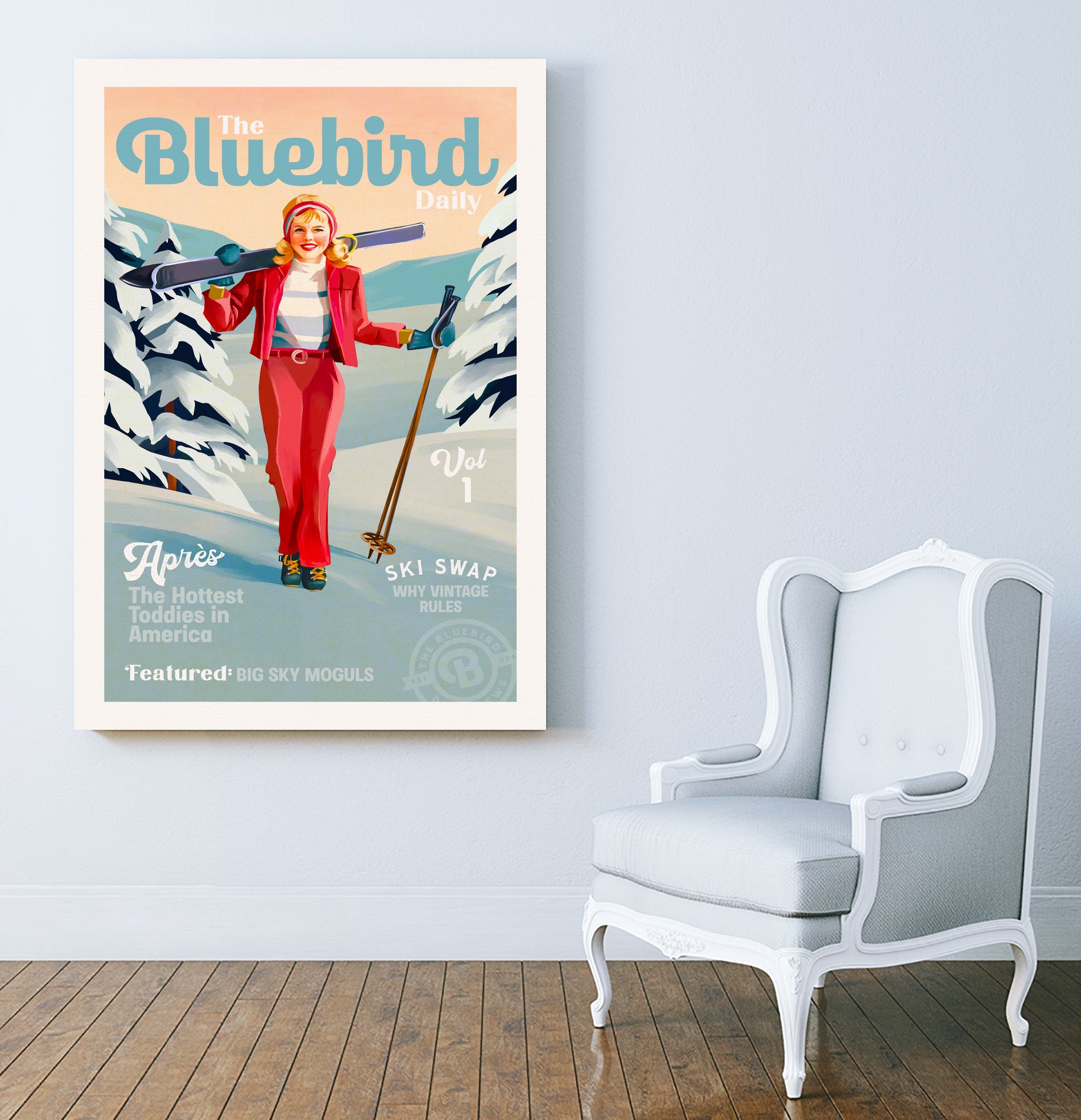 The Bluebird Daily Pinup Ski Art by The Whiskey Ginger on GIANT ART - figurative text