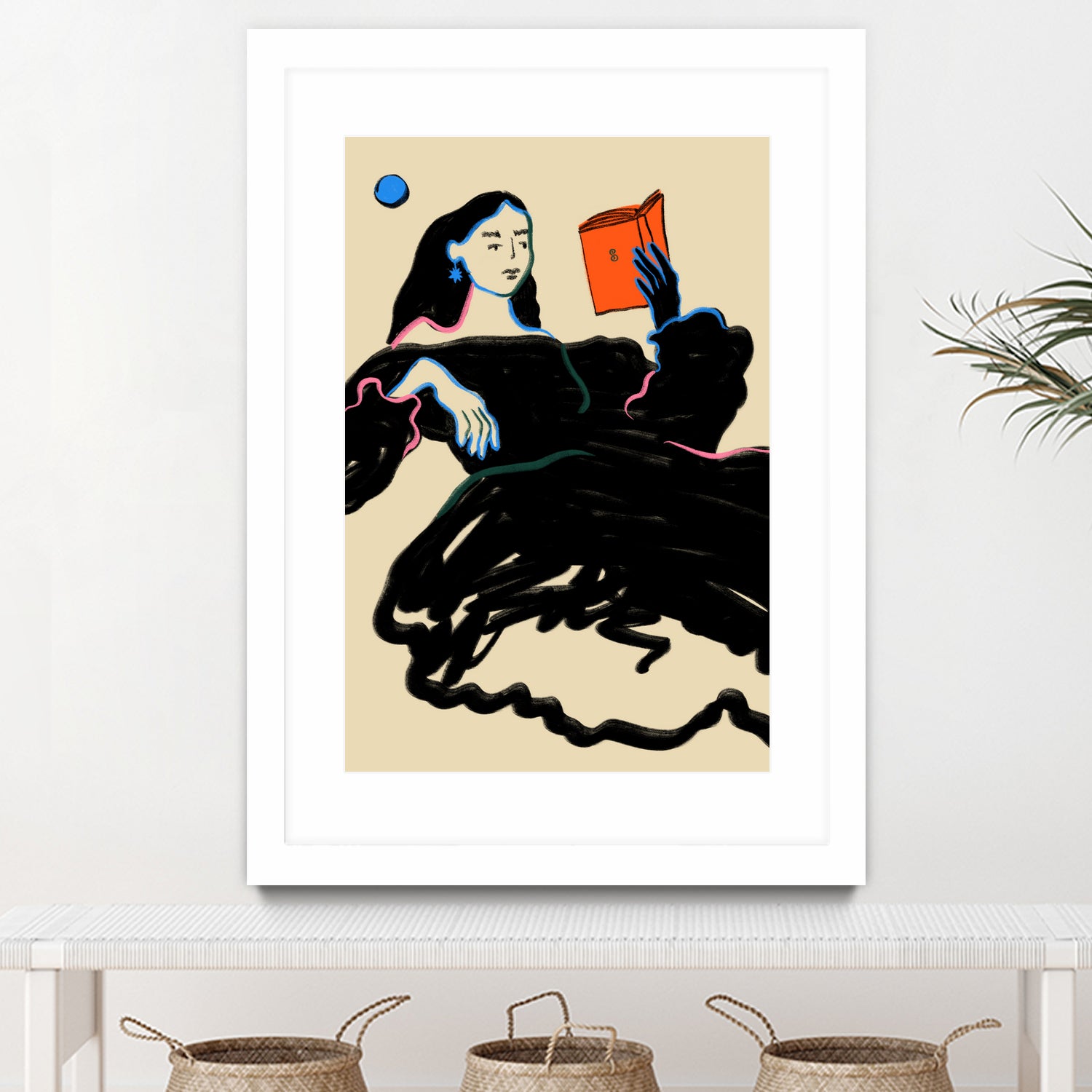 Midnight Reading by Sandra Poliakov  on GIANT ART - figurative drawing,illustration,sketch,human face,painting,art,clipart,cartoon,woman,black dress,reading,book worm,reader,colourful ,pastell,relaxed,calm,mindful,slow living,moon,night,feminine,girl power,home decor ,maximalist,graphic,painted,paint,painterly,person,people,still,serene,peace,peaceful,tranquil,tranquilitiy,stillness,harmony,sky