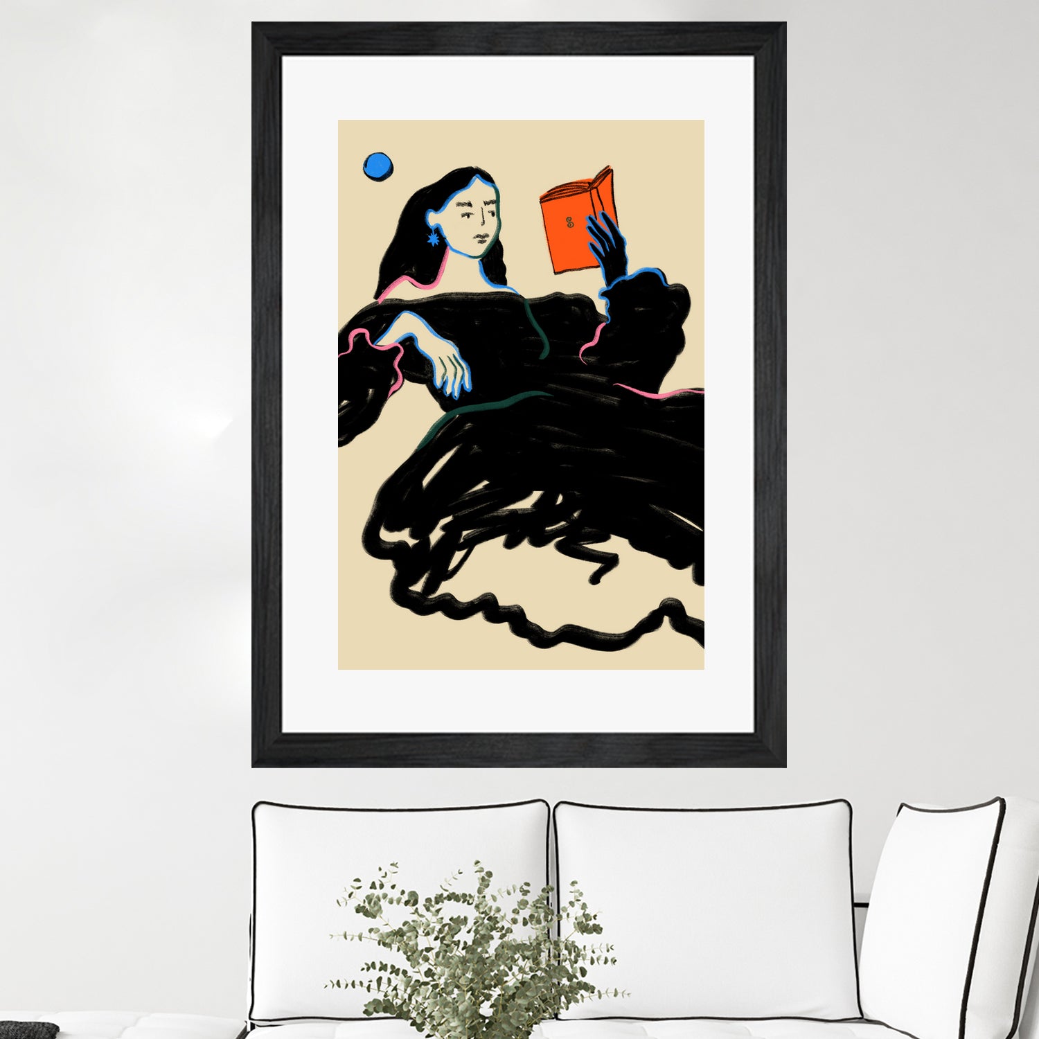 Midnight Reading by Sandra Poliakov  on GIANT ART - figurative drawing,illustration,sketch,human face,painting,art,clipart,cartoon,woman,black dress,reading,book worm,reader,colourful ,pastell,relaxed,calm,mindful,slow living,moon,night,feminine,girl power,home decor ,maximalist,graphic,painted,paint,painterly,person,people,still,serene,peace,peaceful,tranquil,tranquilitiy,stillness,harmony,sky