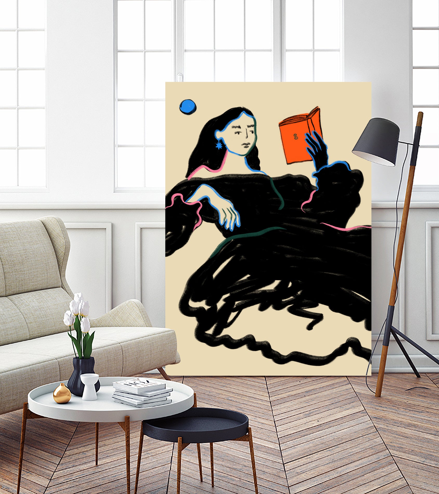 Midnight Reading by Sandra Poliakov  on GIANT ART - figurative drawing,illustration,sketch,human face,painting,art,clipart,cartoon,woman,black dress,reading,book worm,reader,colourful ,pastell,relaxed,calm,mindful,slow living,moon,night,feminine,girl power,home decor ,maximalist,graphic,painted,paint,painterly,person,people,still,serene,peace,peaceful,tranquil,tranquilitiy,stillness,harmony,sky