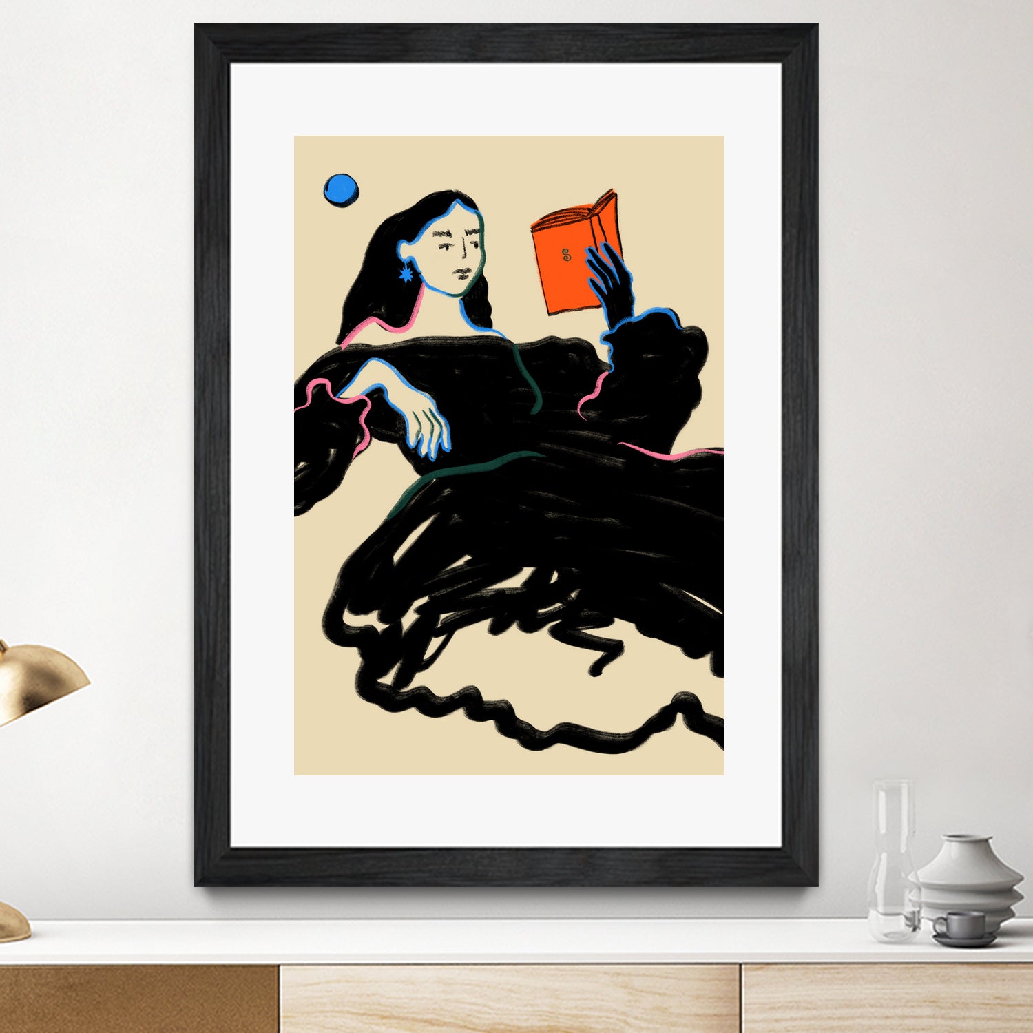 Midnight Reading by Sandra Poliakov  on GIANT ART - figurative drawing,illustration,sketch,human face,painting,art,clipart,cartoon,woman,black dress,reading,book worm,reader,colourful ,pastell,relaxed,calm,mindful,slow living,moon,night,feminine,girl power,home decor ,maximalist,graphic,painted,paint,painterly,person,people,still,serene,peace,peaceful,tranquil,tranquilitiy,stillness,harmony,sky