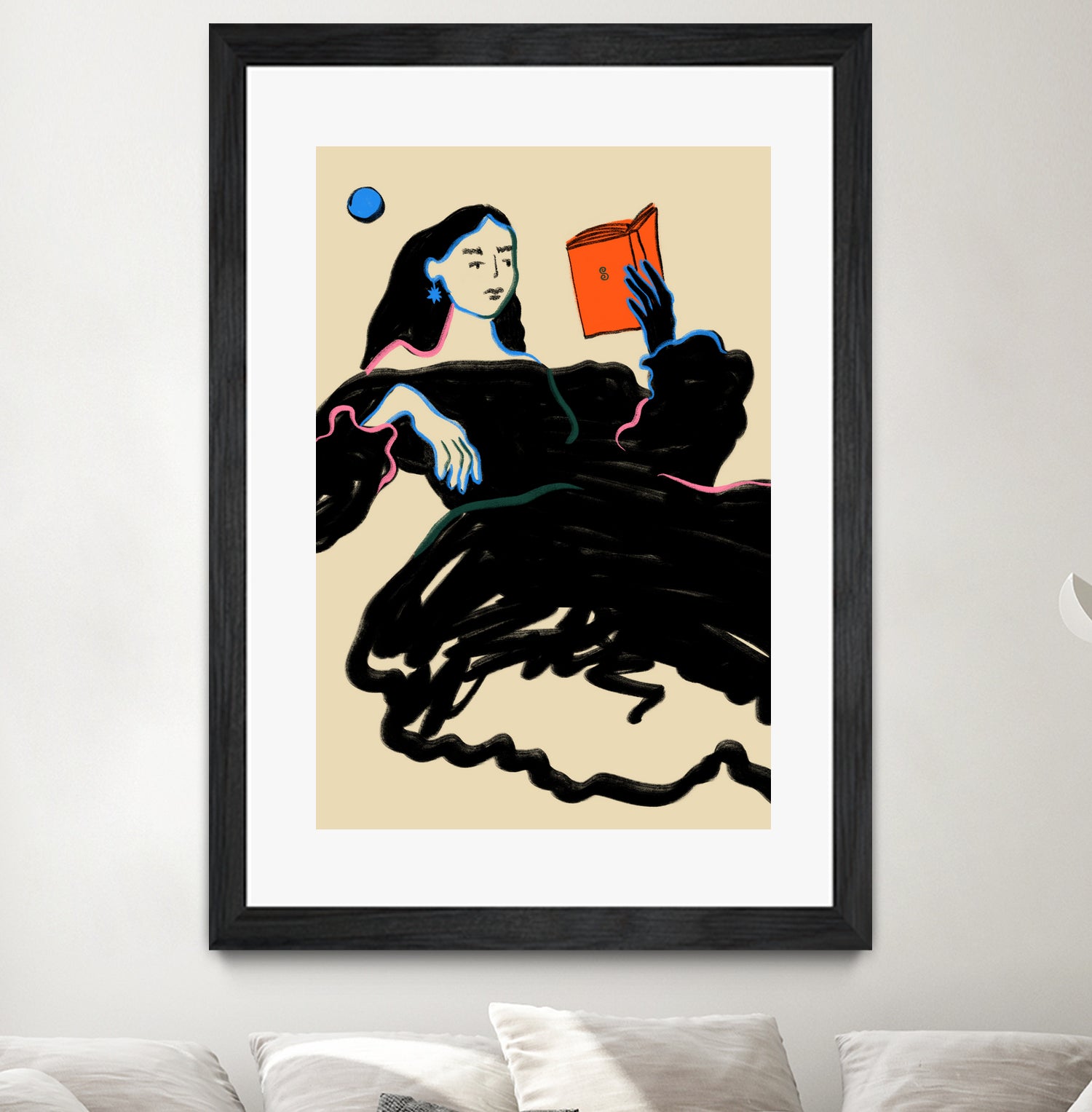 Midnight Reading by Sandra Poliakov  on GIANT ART - figurative drawing,illustration,sketch,human face,painting,art,clipart,cartoon,woman,black dress,reading,book worm,reader,colourful ,pastell,relaxed,calm,mindful,slow living,moon,night,feminine,girl power,home decor ,maximalist,graphic,painted,paint,painterly,person,people,still,serene,peace,peaceful,tranquil,tranquilitiy,stillness,harmony,sky