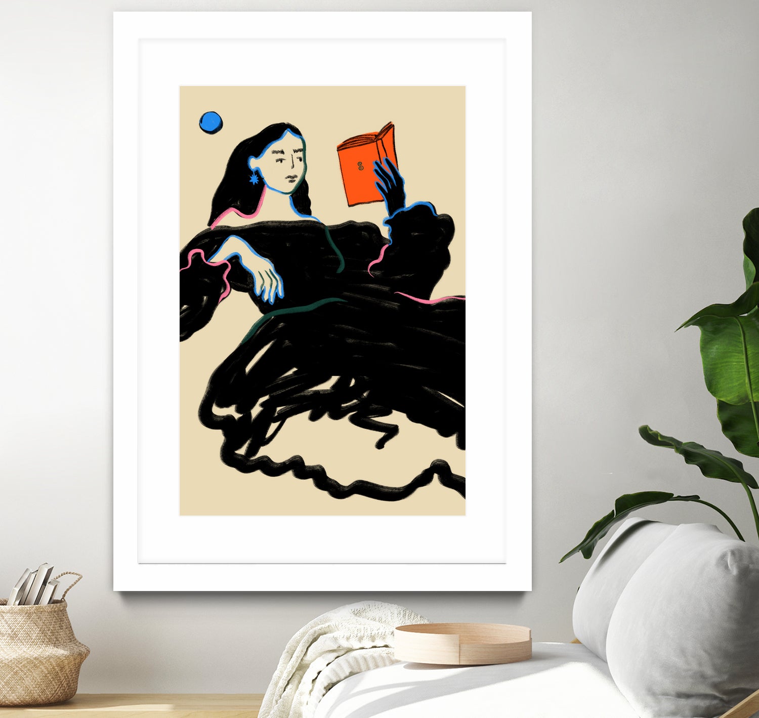 Midnight Reading by Sandra Poliakov  on GIANT ART - figurative drawing,illustration,sketch,human face,painting,art,clipart,cartoon,woman,black dress,reading,book worm,reader,colourful ,pastell,relaxed,calm,mindful,slow living,moon,night,feminine,girl power,home decor ,maximalist,graphic,painted,paint,painterly,person,people,still,serene,peace,peaceful,tranquil,tranquilitiy,stillness,harmony,sky