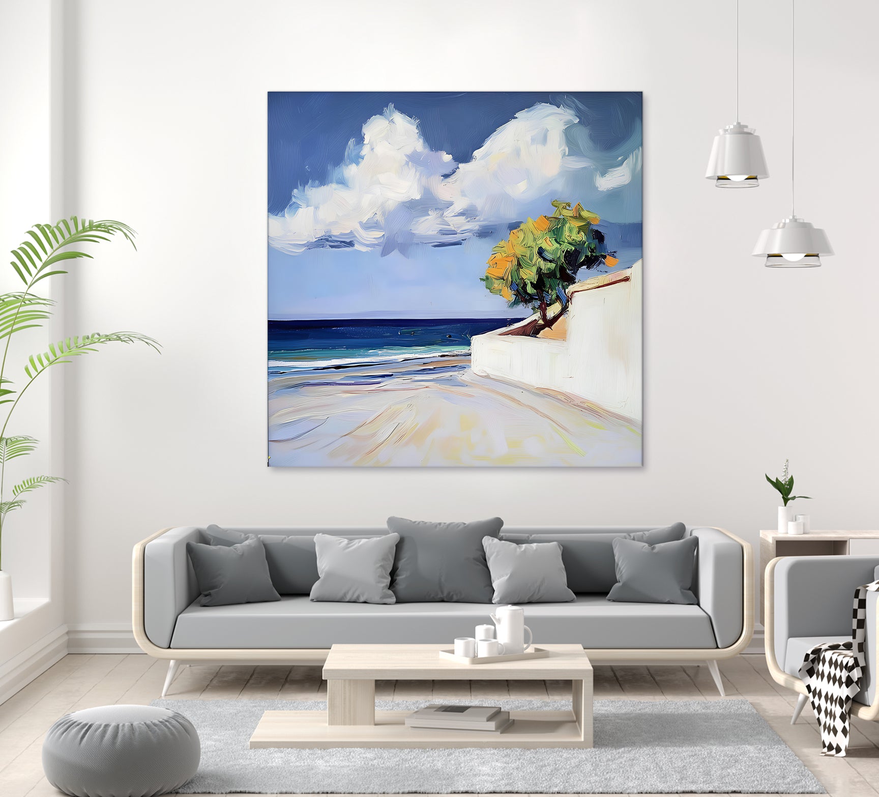 Serene Beach View with a Tree and Dramatic Clouds by Avanesova Elena on GIANT ART - nature and landscapes elena