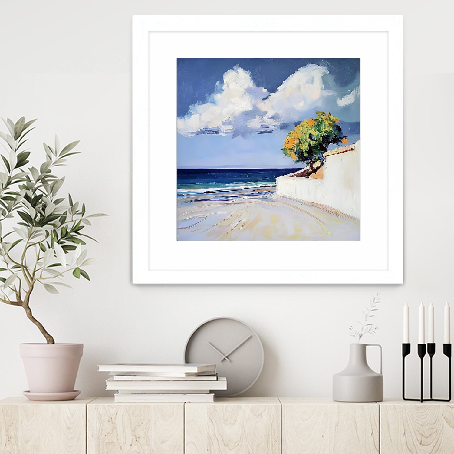 Serene Beach View with a Tree and Dramatic Clouds by Avanesova Elena on GIANT ART - nature and landscapes elena