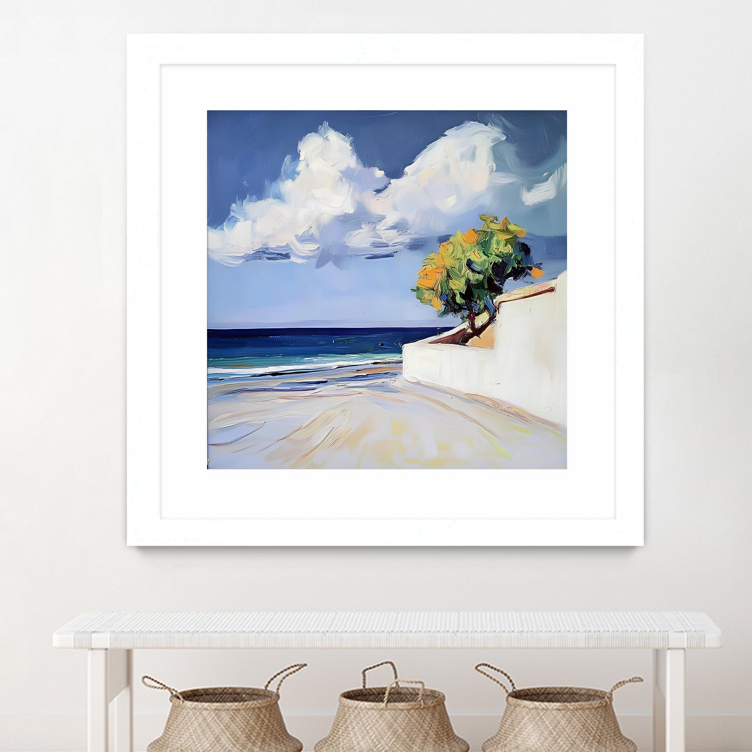 Serene Beach View with a Tree and Dramatic Clouds by Avanesova Elena on GIANT ART - nature and landscapes elena