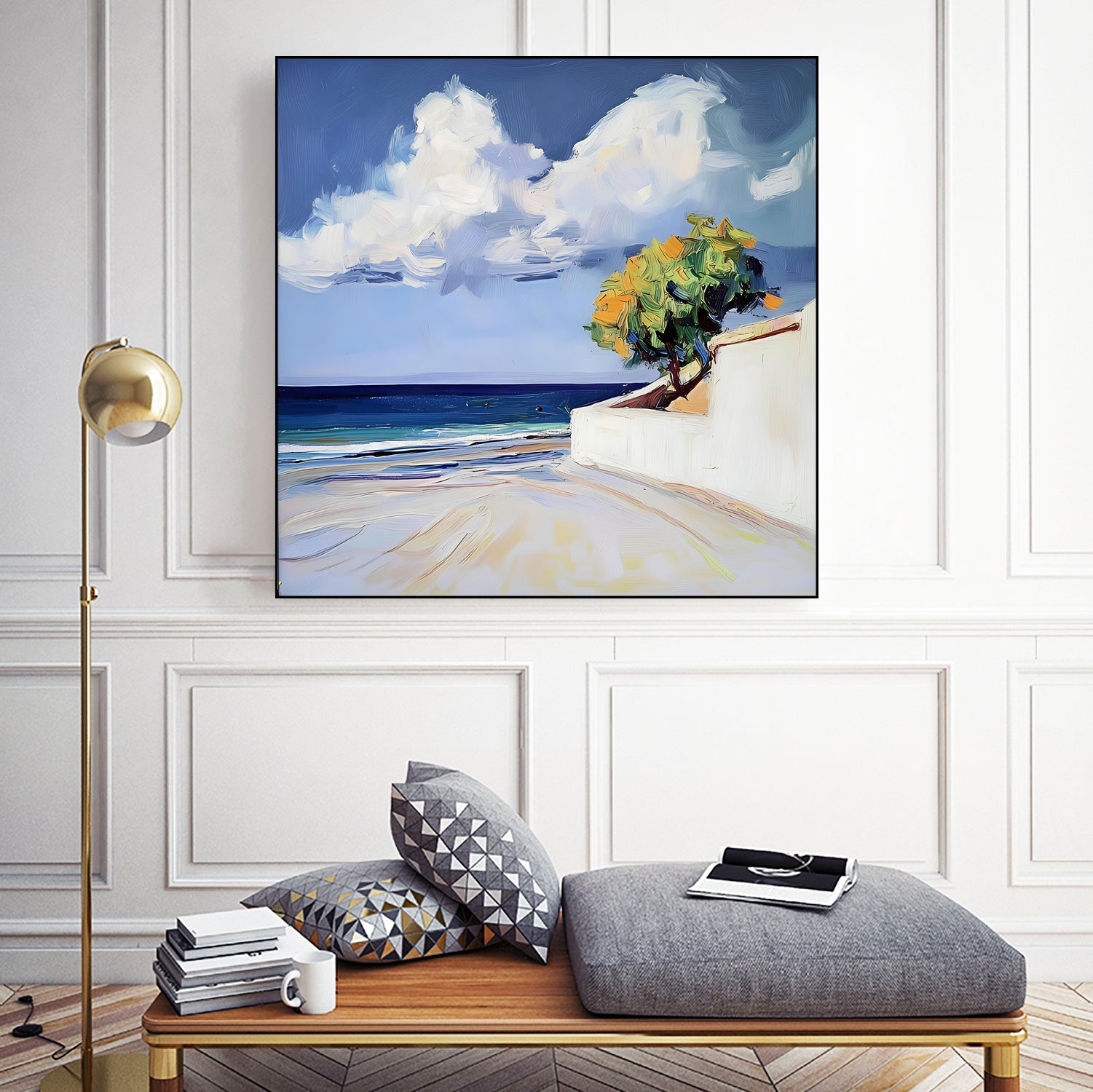 Serene Beach View with a Tree and Dramatic Clouds by Avanesova Elena on GIANT ART - nature and landscapes elena