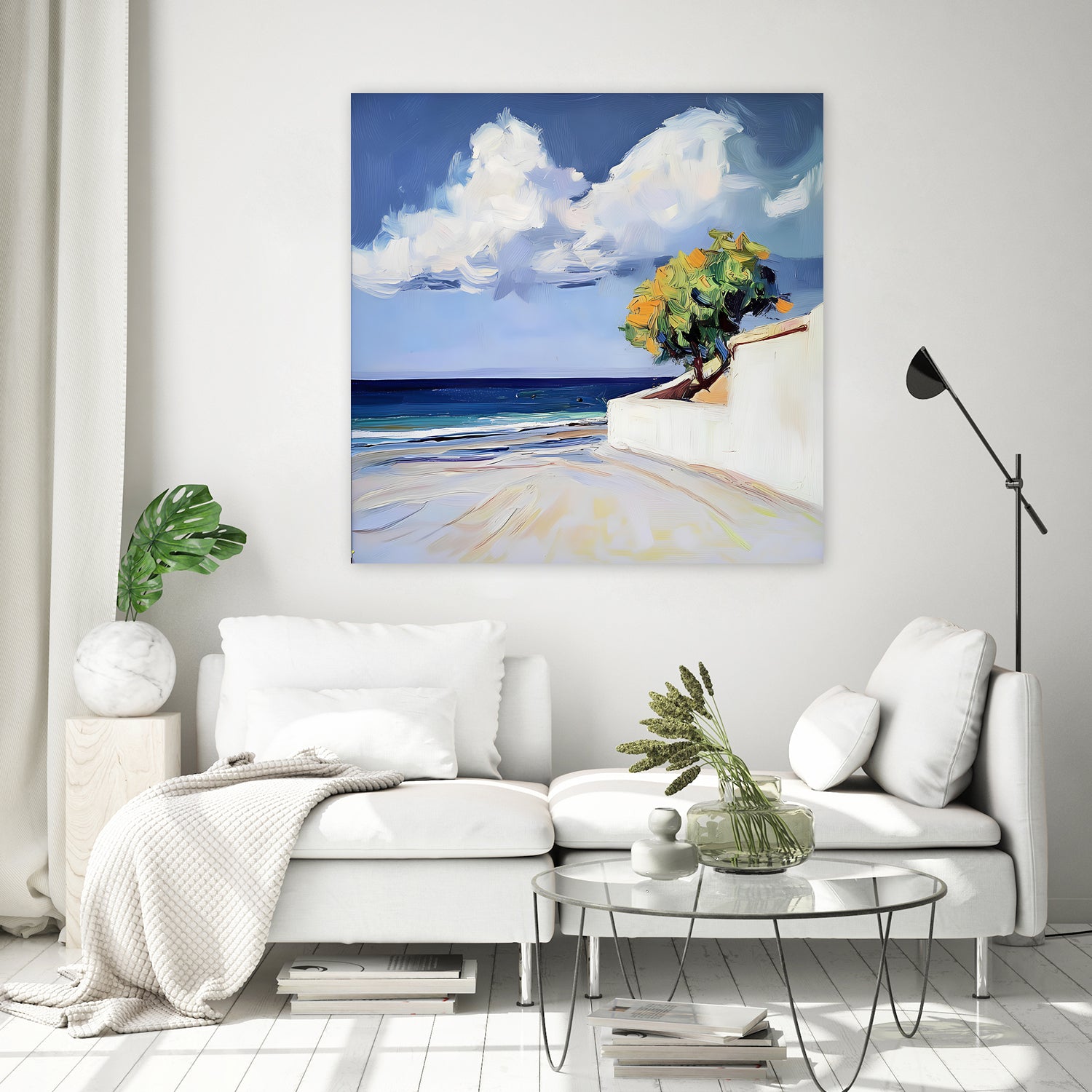 Serene Beach View with a Tree and Dramatic Clouds by Avanesova Elena on GIANT ART - nature and landscapes elena