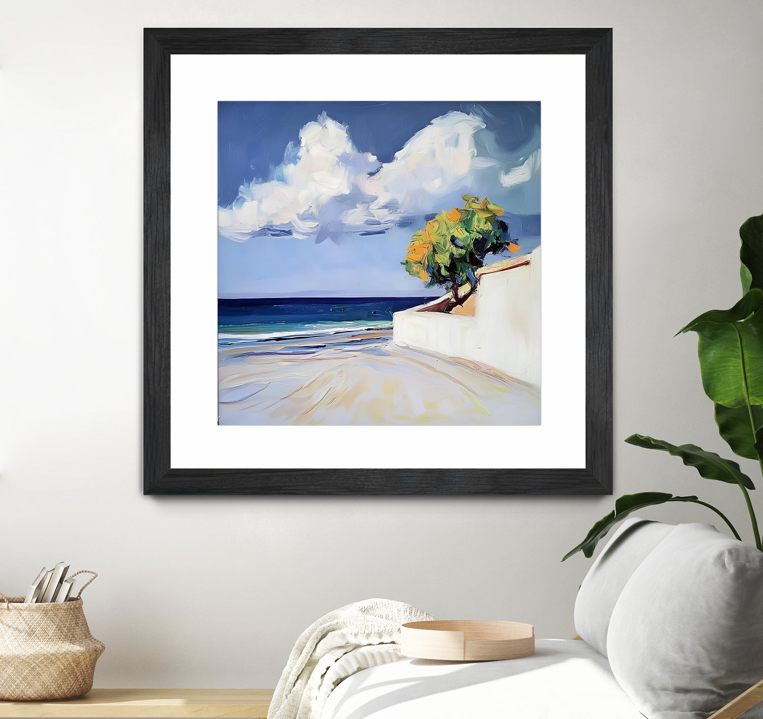 Serene Beach View with a Tree and Dramatic Clouds by Avanesova Elena on GIANT ART - nature and landscapes elena