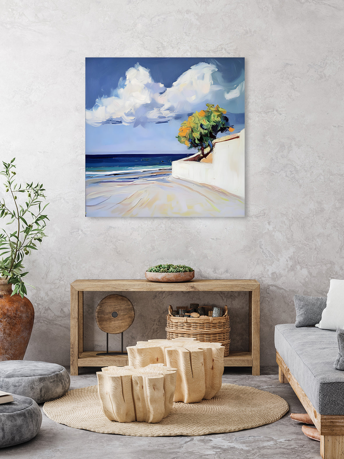 Serene Beach View with a Tree and Dramatic Clouds by Avanesova Elena on GIANT ART - nature and landscapes elena