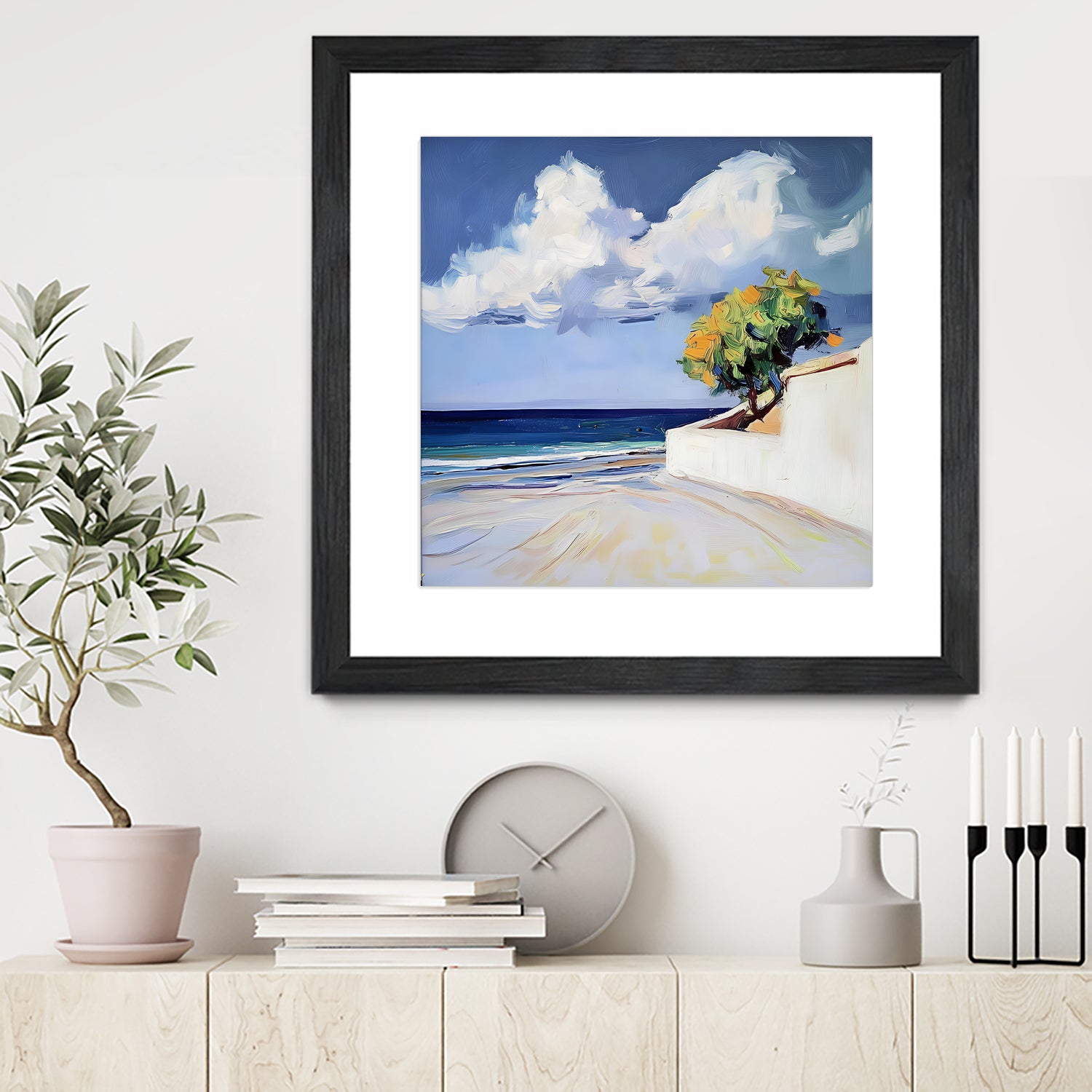 Serene Beach View with a Tree and Dramatic Clouds by Avanesova Elena on GIANT ART - nature and landscapes elena