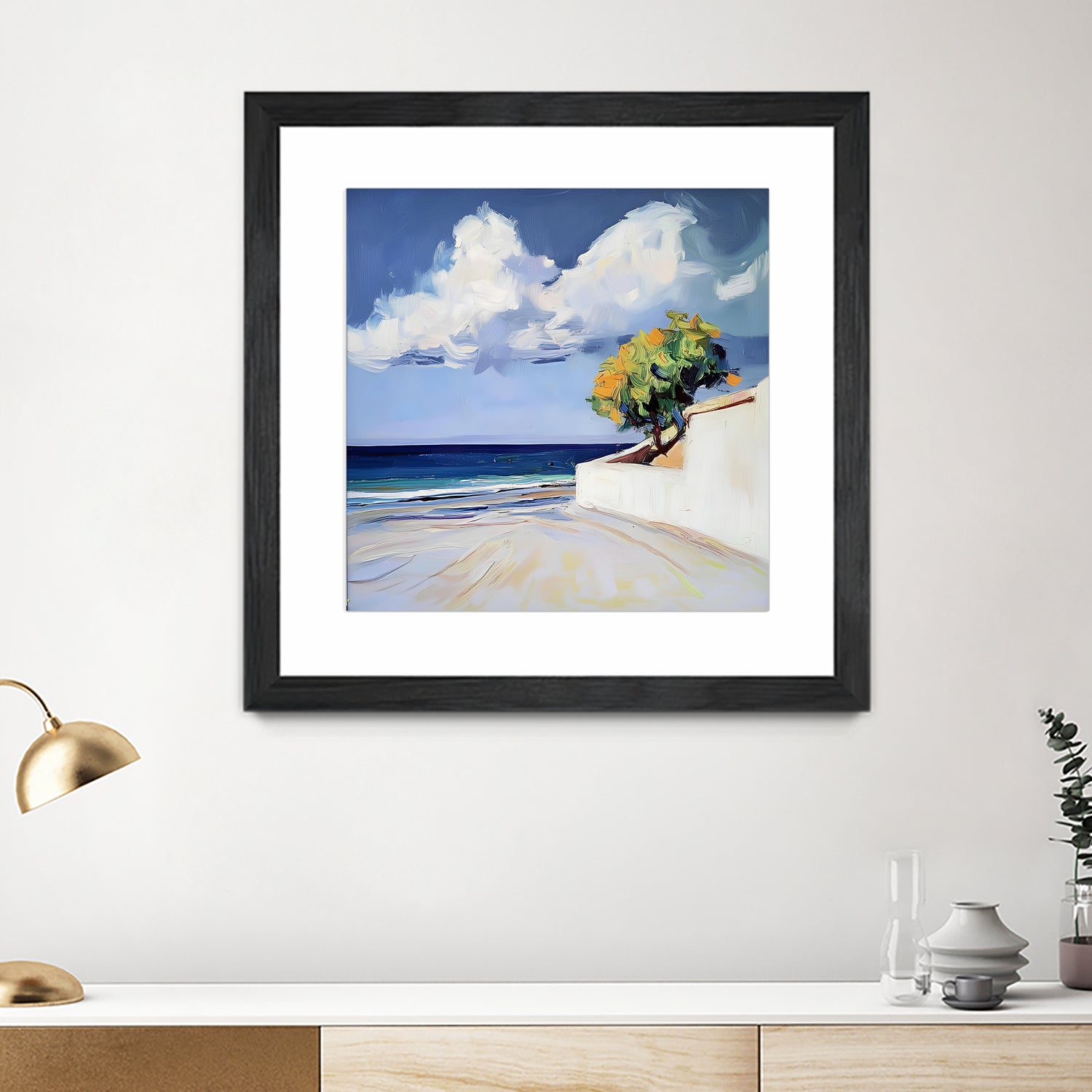 Serene Beach View with a Tree and Dramatic Clouds by Avanesova Elena on GIANT ART - nature and landscapes elena