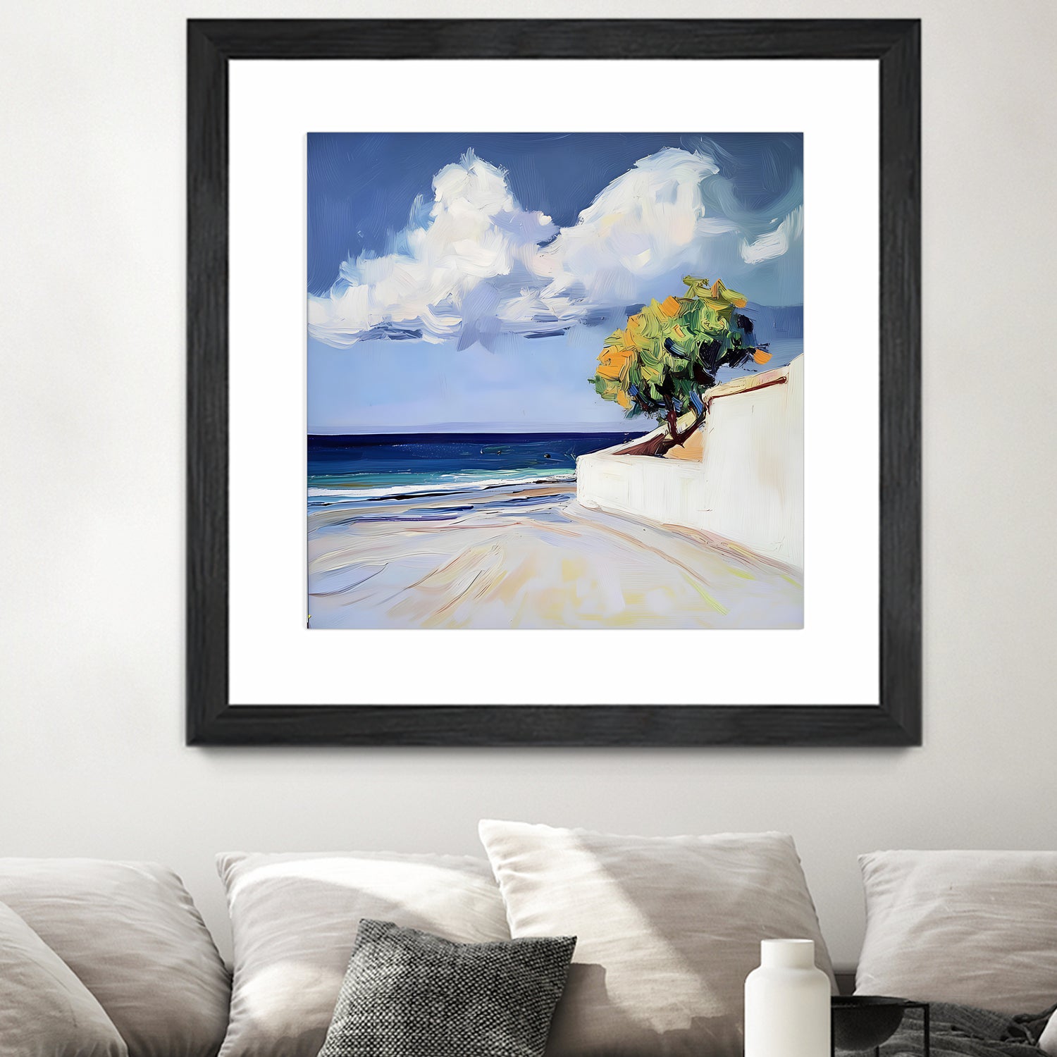 Serene Beach View with a Tree and Dramatic Clouds by Avanesova Elena on GIANT ART - nature and landscapes elena