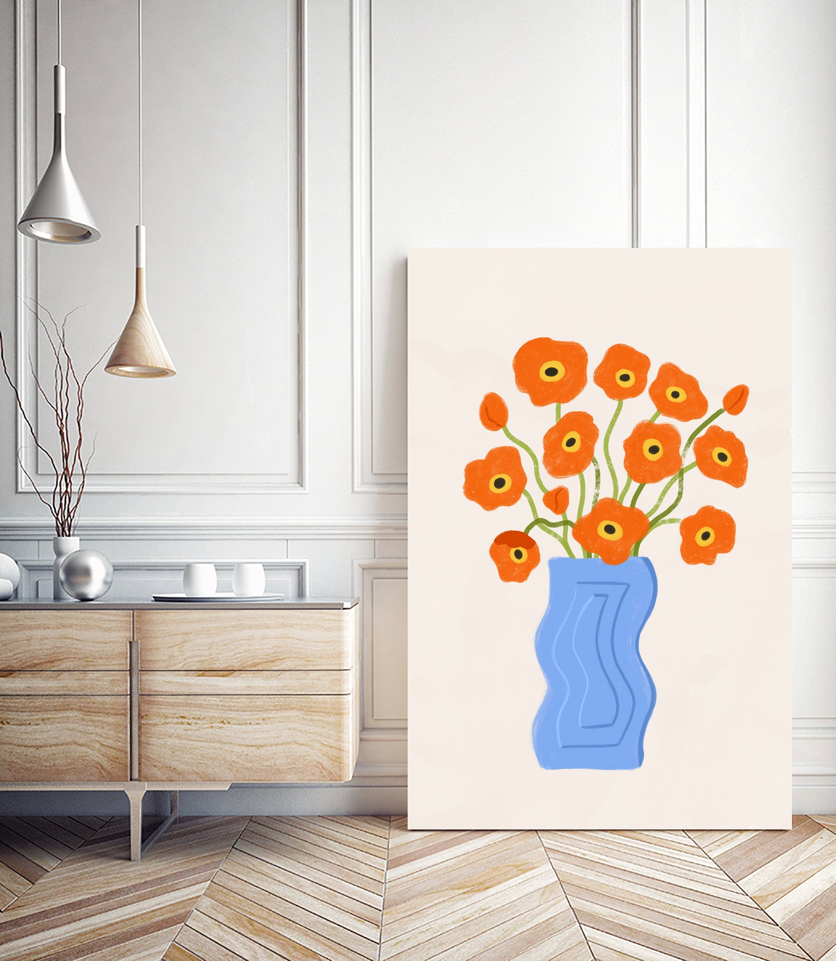 Poppies In Blue Vase by Katarzyna Gąsiorowska on GIANT ART - modern floral artwork flowers and plants modern floral artwork