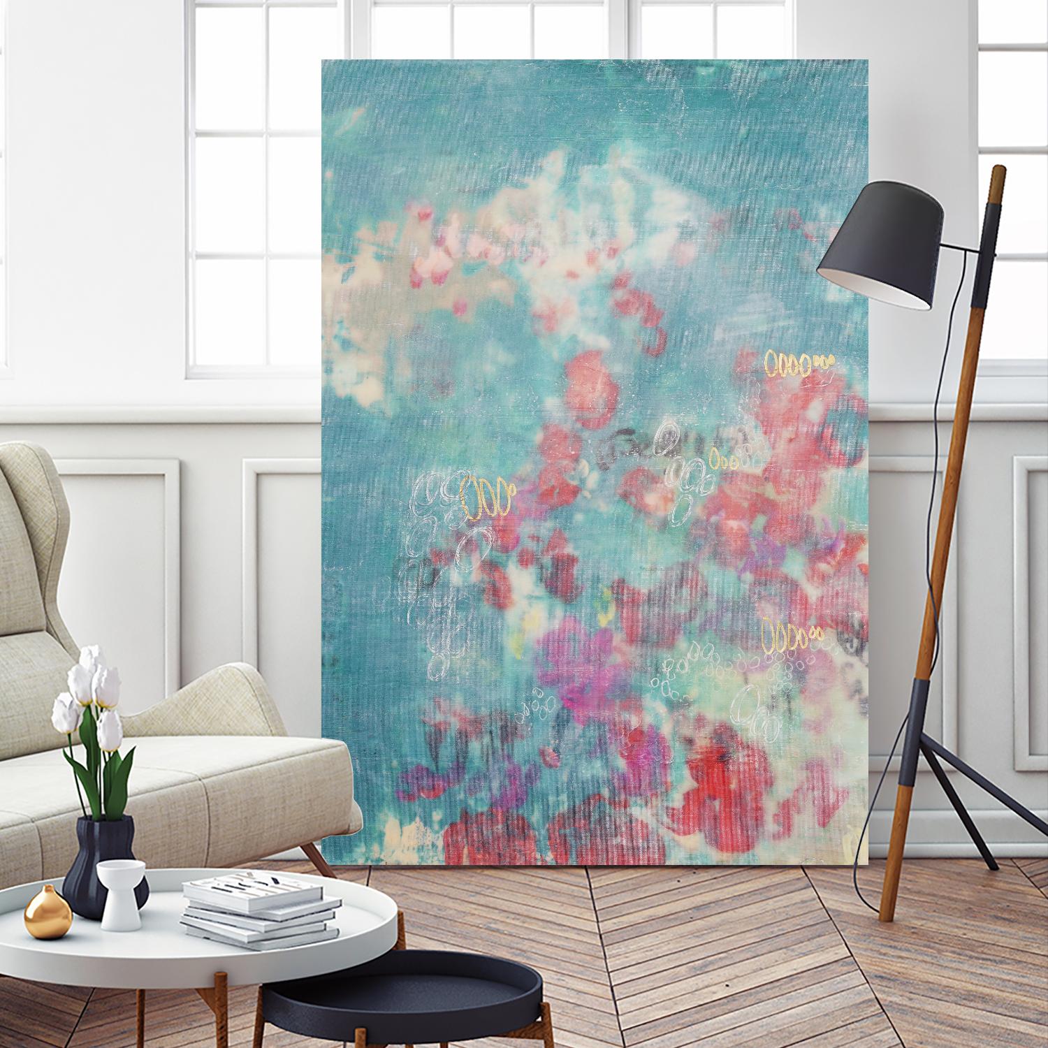 Embellished Teal Rose Garden I by Jennifer Goldberger on GIANT ART - blue abstract