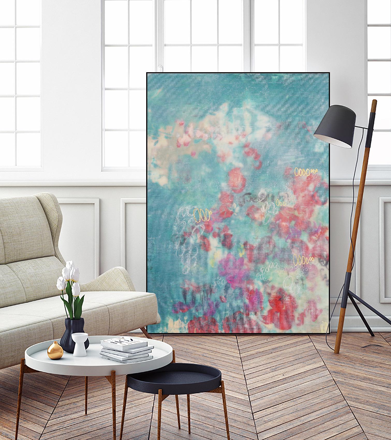 Embellished Teal Rose Garden I by Jennifer Goldberger on GIANT ART - blue abstract
