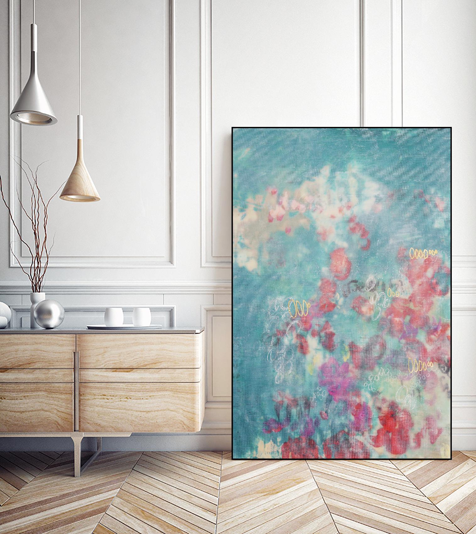Embellished Teal Rose Garden I by Jennifer Goldberger on GIANT ART - blue abstract