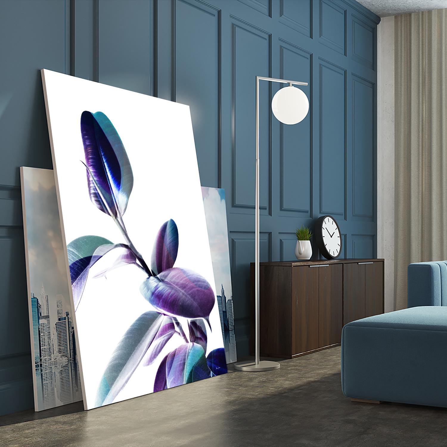 Minimal Rubber foliage in Blue and Purple on White by Dominique Vari on GIANT ART